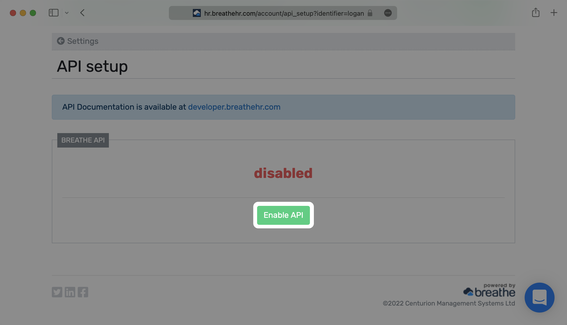 A screenshot showing where to select "Enable API" on the "API Setup" page in the Breathe HR dashboard.