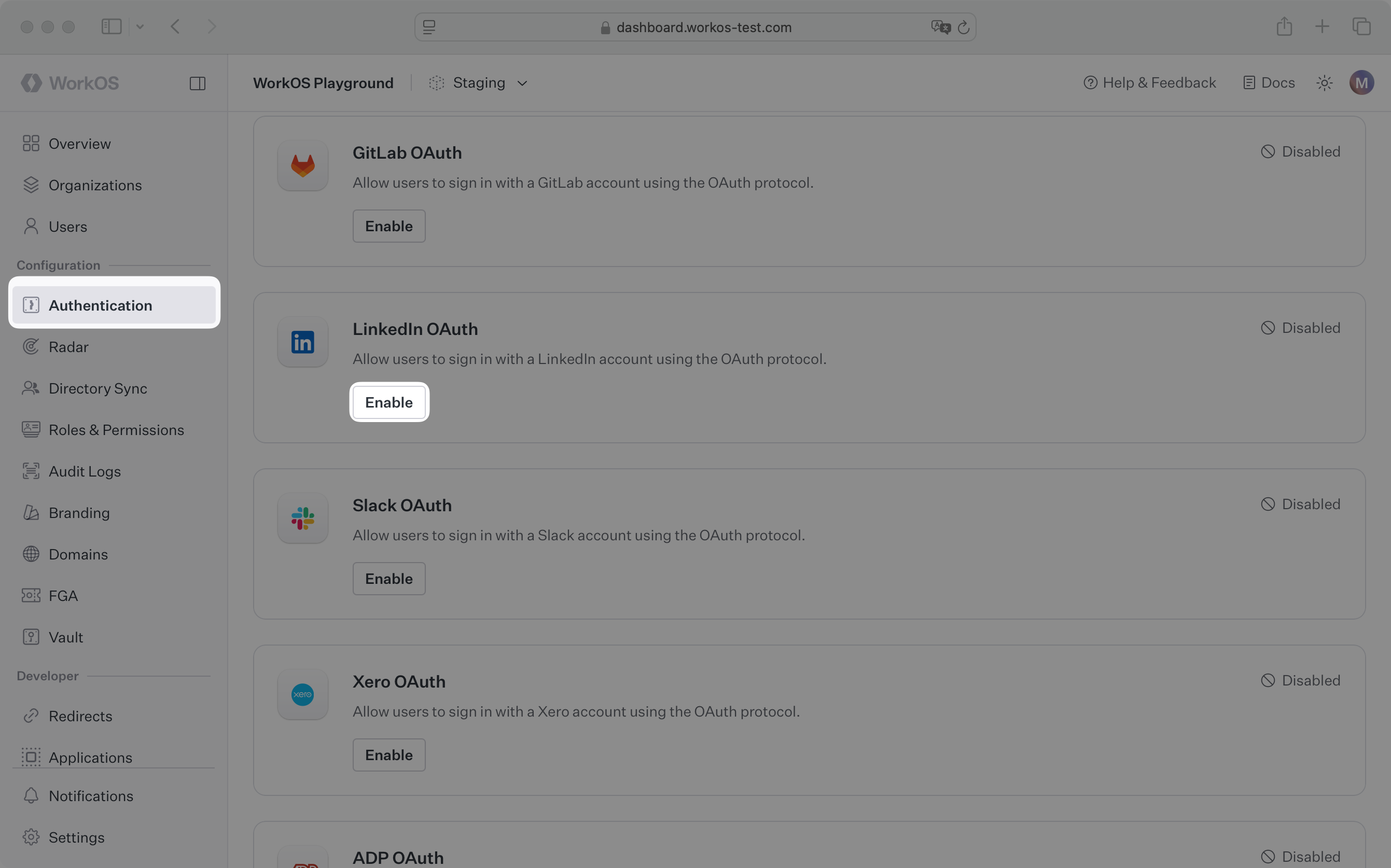 A screenshot showing the LinkedIn OAuth section in the WorkOS Dashboard.