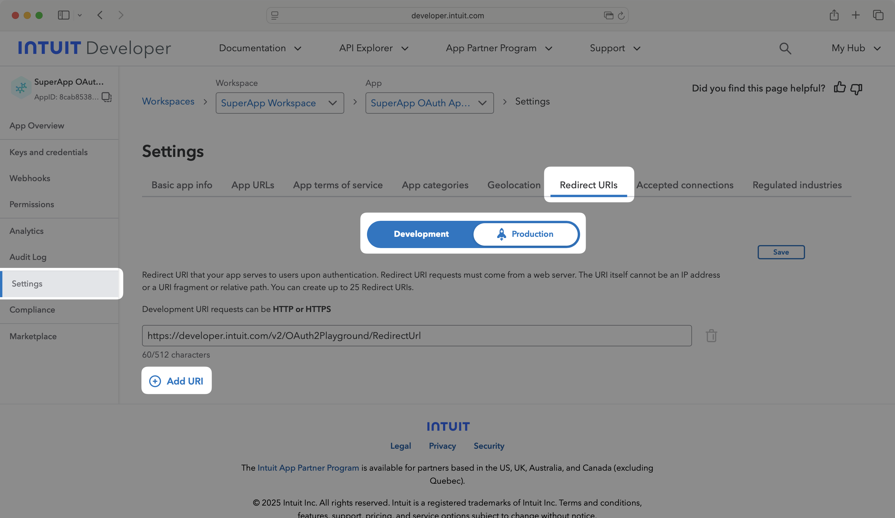 Configure Redirect URI for Intuit App - 1