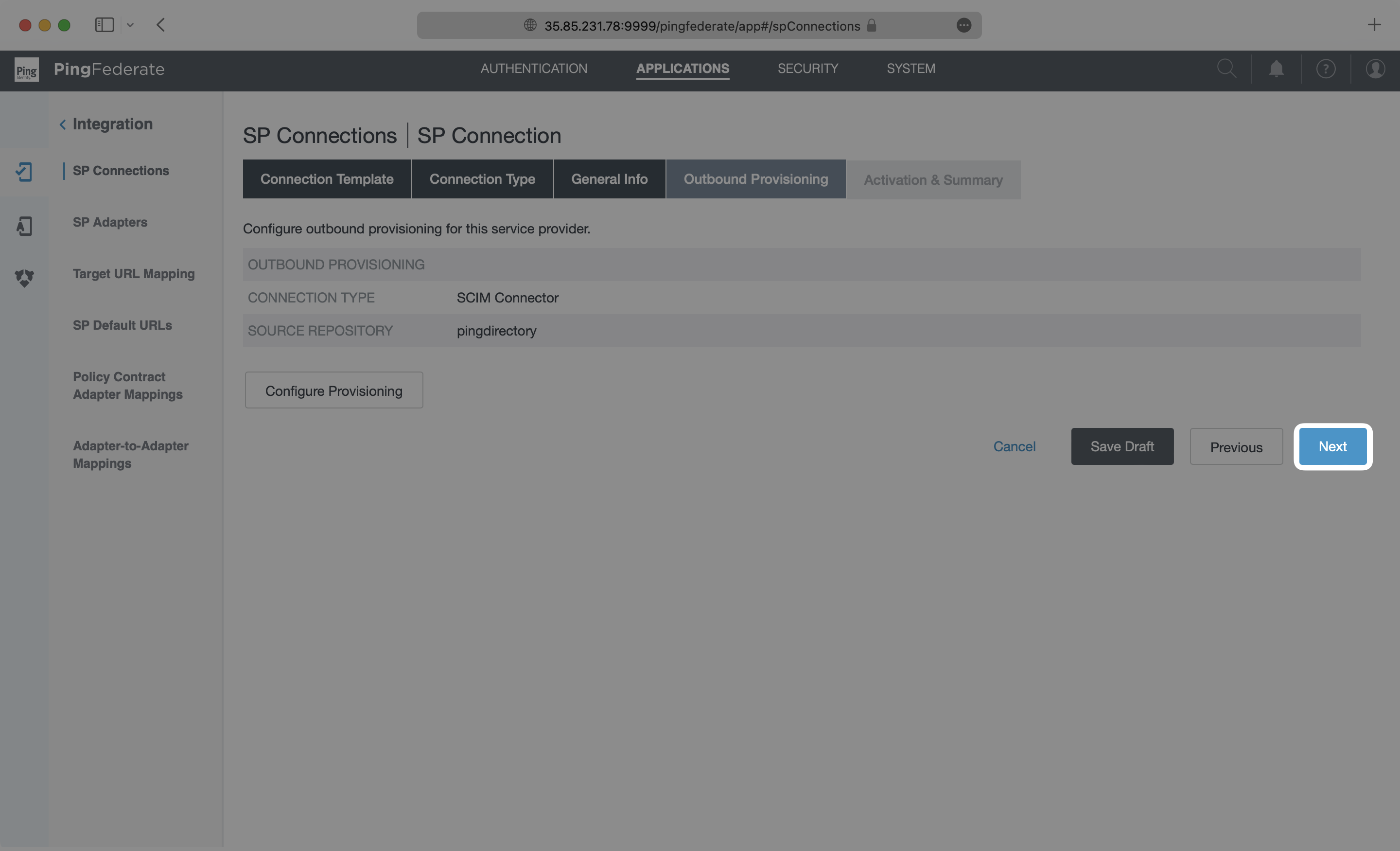 A screenshot showing where to finish the outbound provisioning setup in PingFederate.