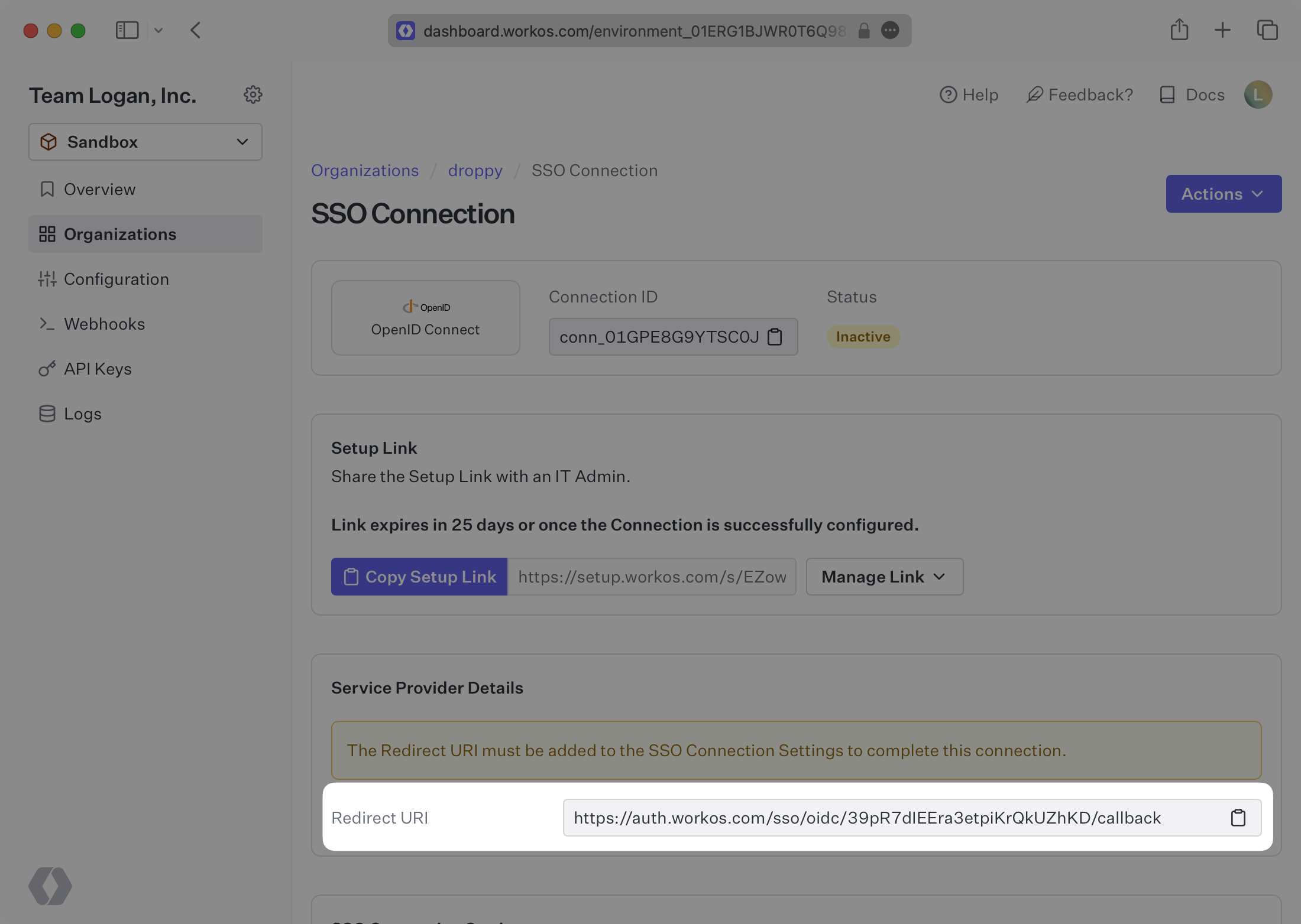 A screenshot showing the Redirect URI of a OIDC connection in the WorkOS Dashboard.