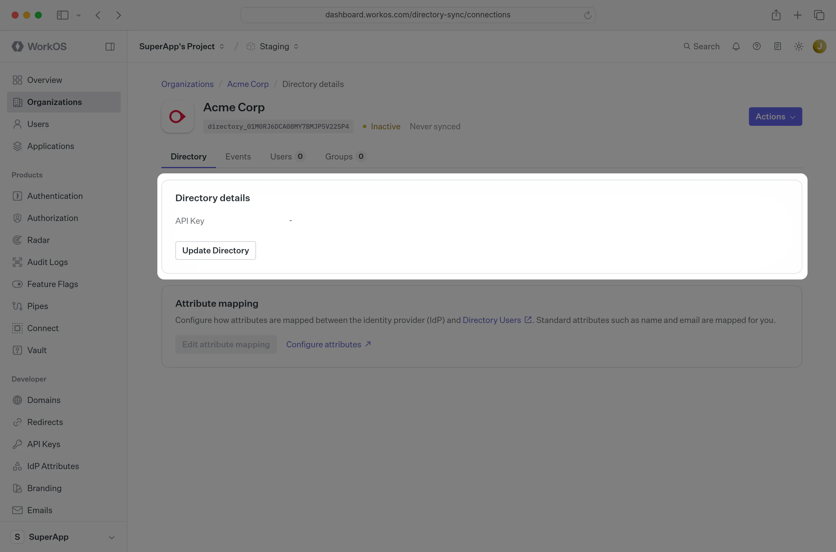A screenshot showing where to find “Update Directory” in the WorkOS Dashboard.