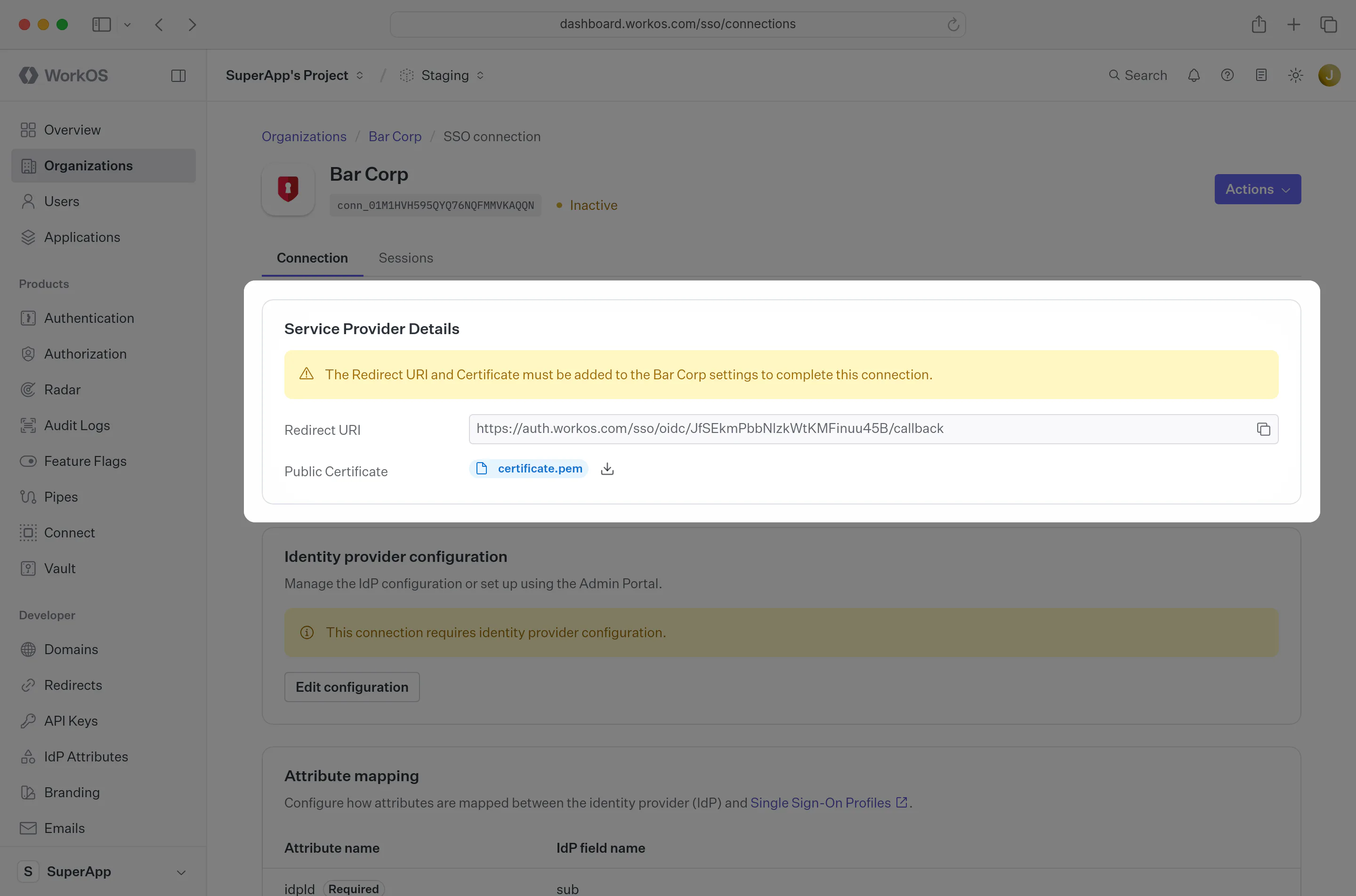 A screenshot showing where to find the Redirect URI and Public Certificate in the WorkOS Dashboard.