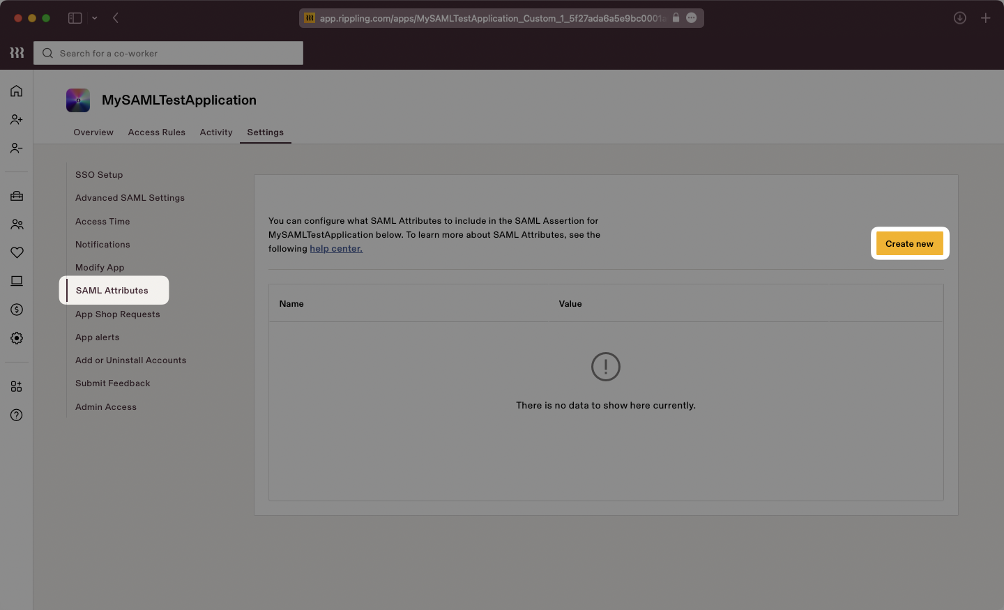 A screenshot showing where to select "Create New" in the "SAML Attributes" in the Rippling dashboard.
