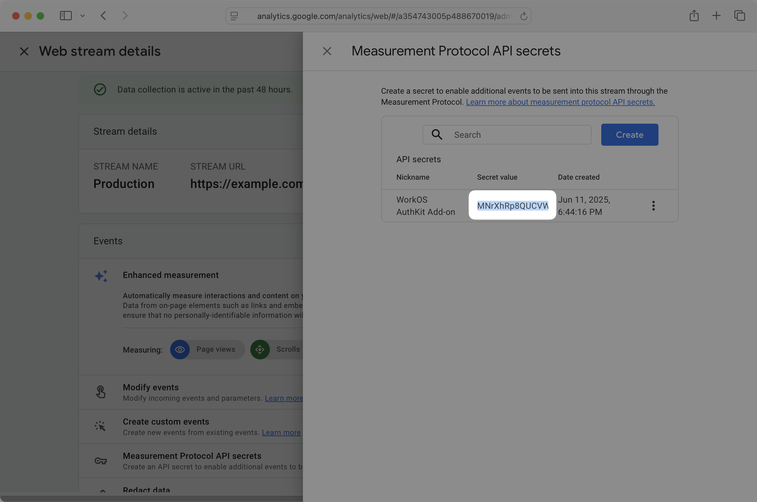 Measurement Protocol API Secret value on the Google Analytics website