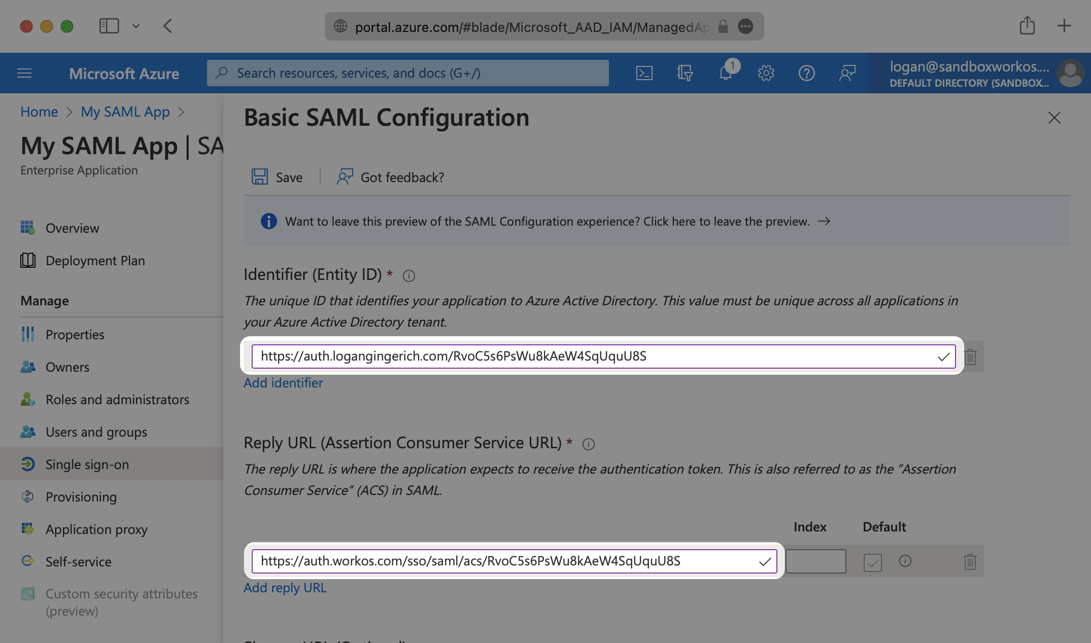 A screenshot showing where to input the WorkOS ACS URL and WorkOS Entity ID in the Azure dashboard.