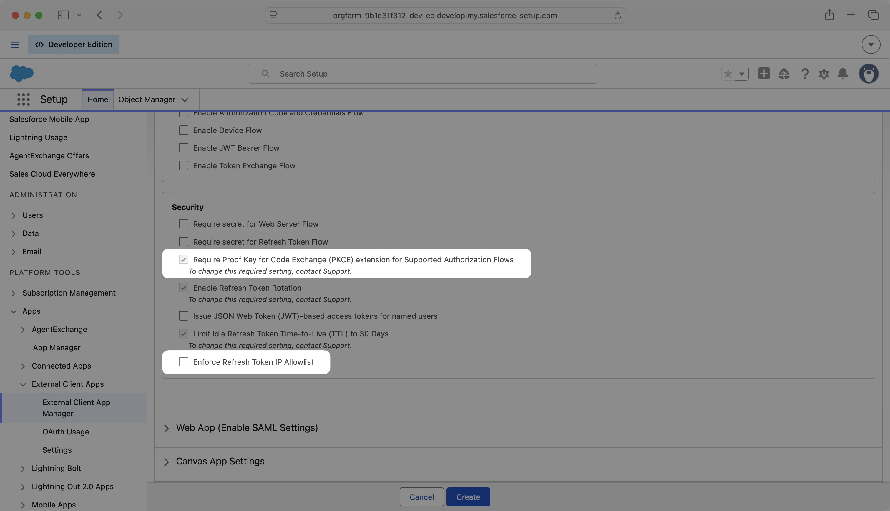The Security settings for a Salesforce External Client App