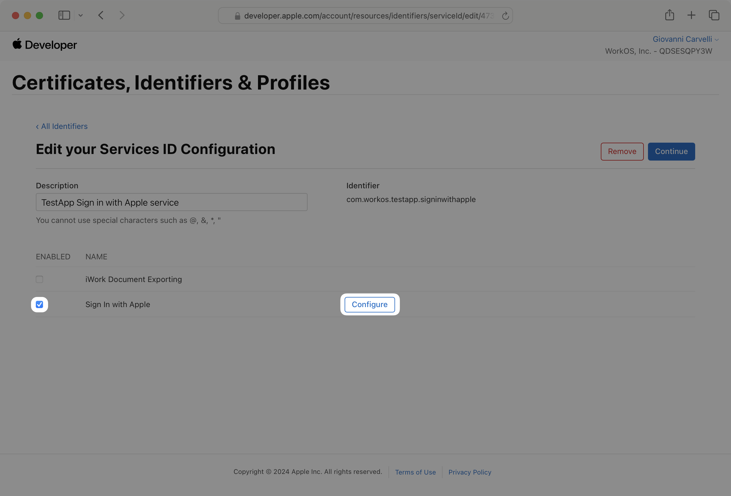 A screenshot showing the Service ID Edit page. The Sign in with Apple checkbox is checked.