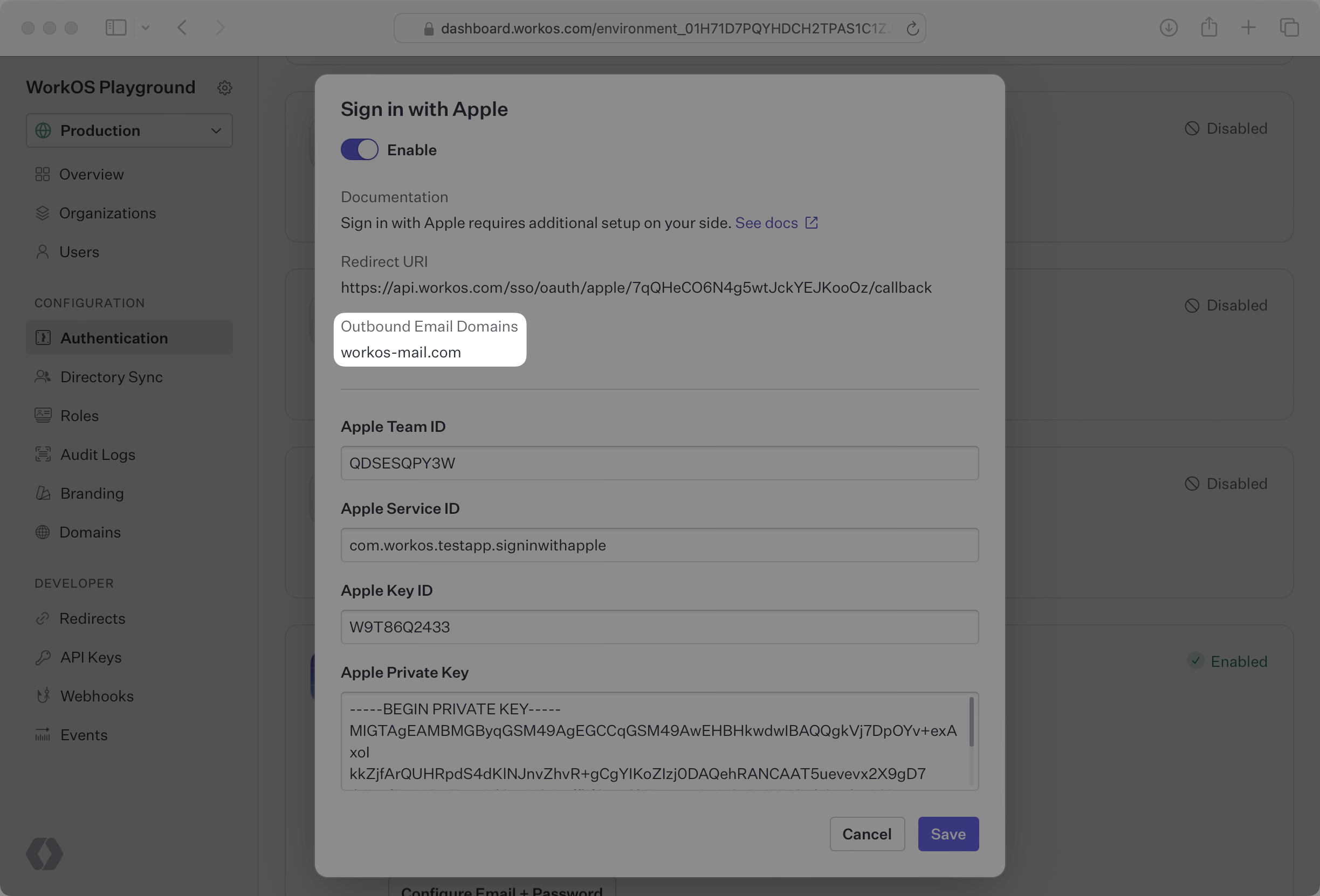 Sign in with Apple configuration modal in the WorkOS dashboard with outbound email domains control highlighted.