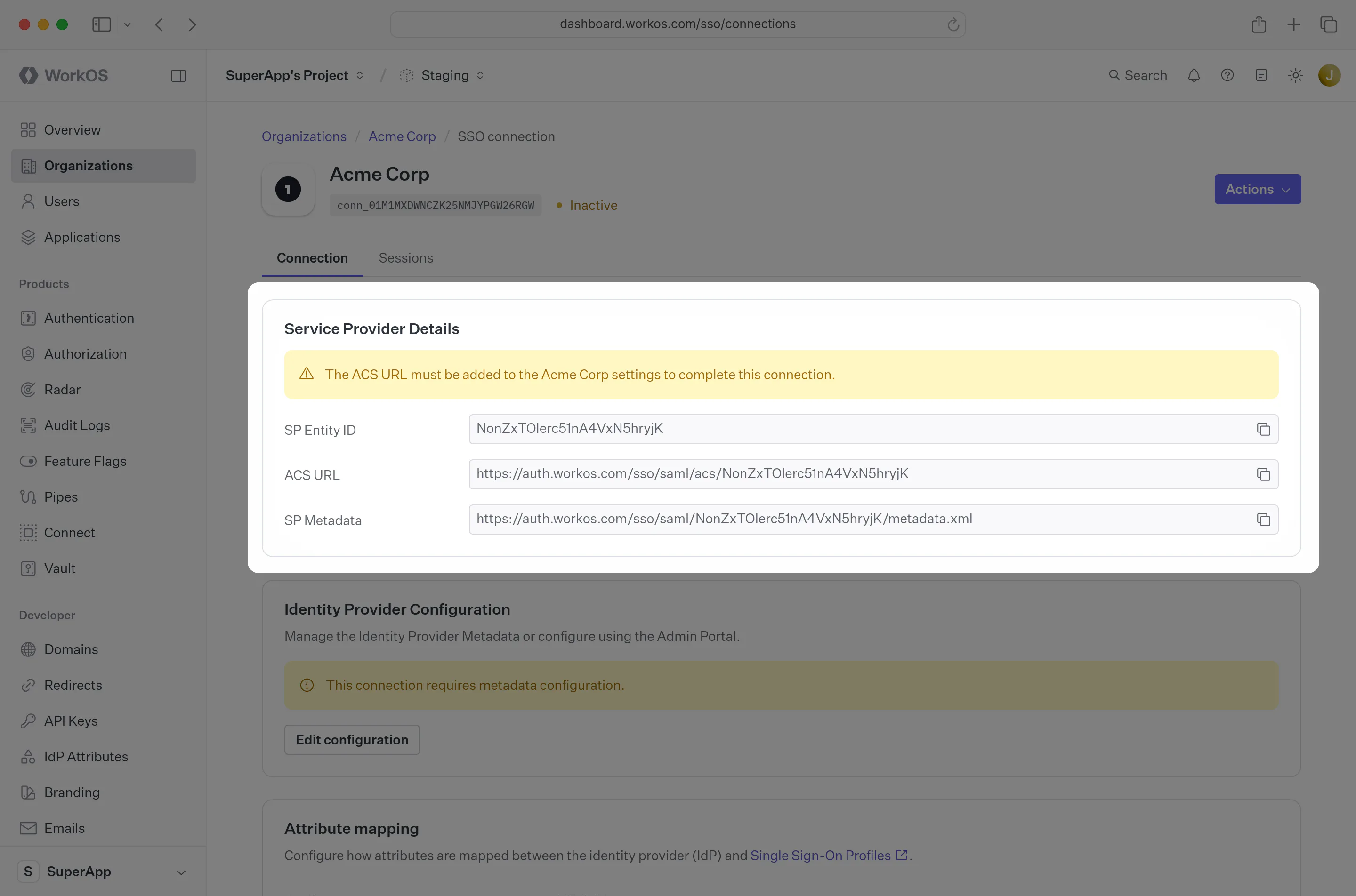 A screenshot showing where to find the ACS URL and SP Entity ID in the WorkOS Dashboard.