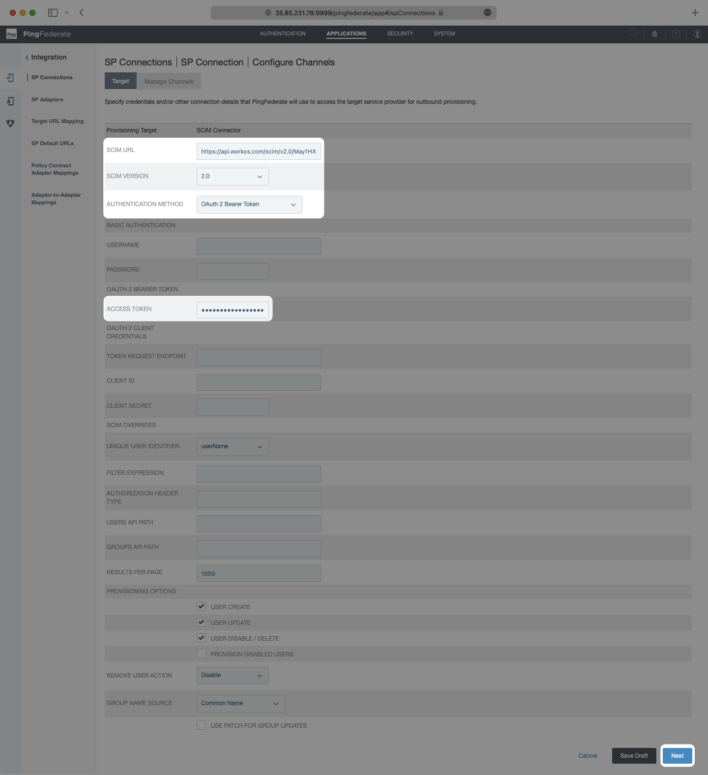 A screenshot showing where to input provisioning settings in PingFerderate.