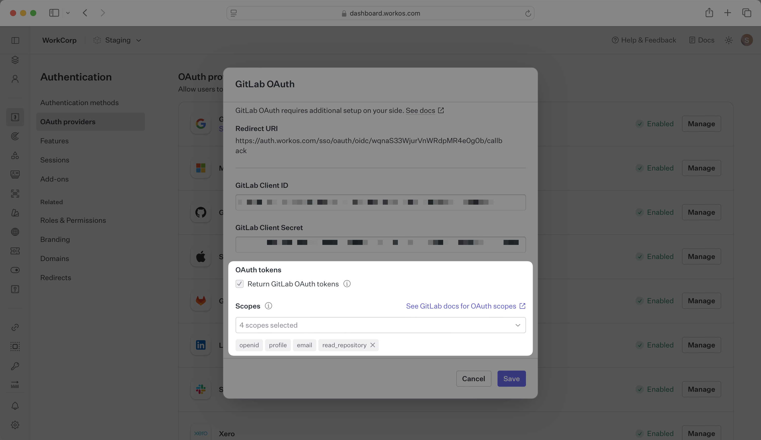 A screenshot showing GitLab OAuth scopes configuration in the WorkOS Dashboard