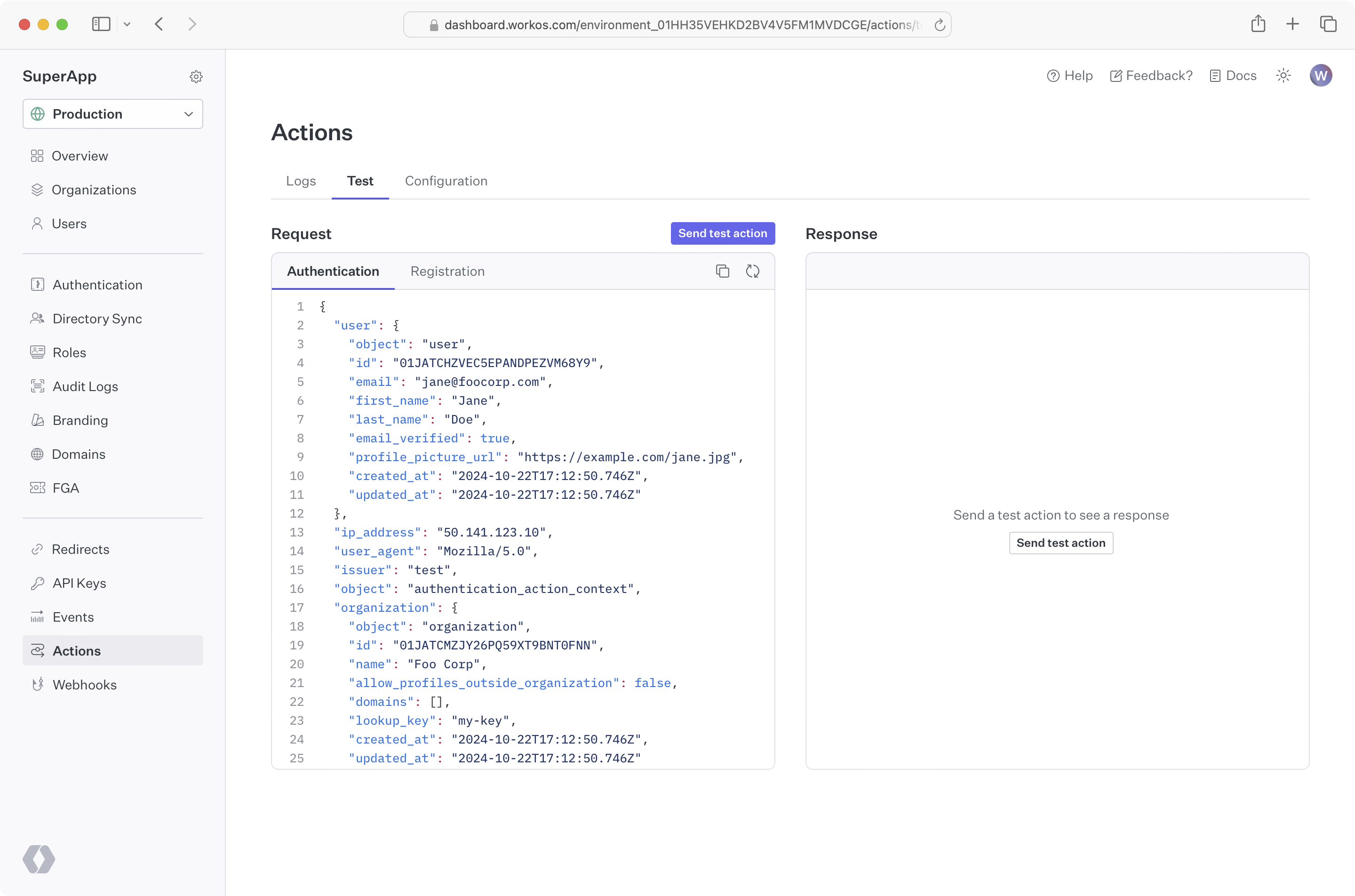 A screenshot showing how to send a test action in the WorkOS dashboard.