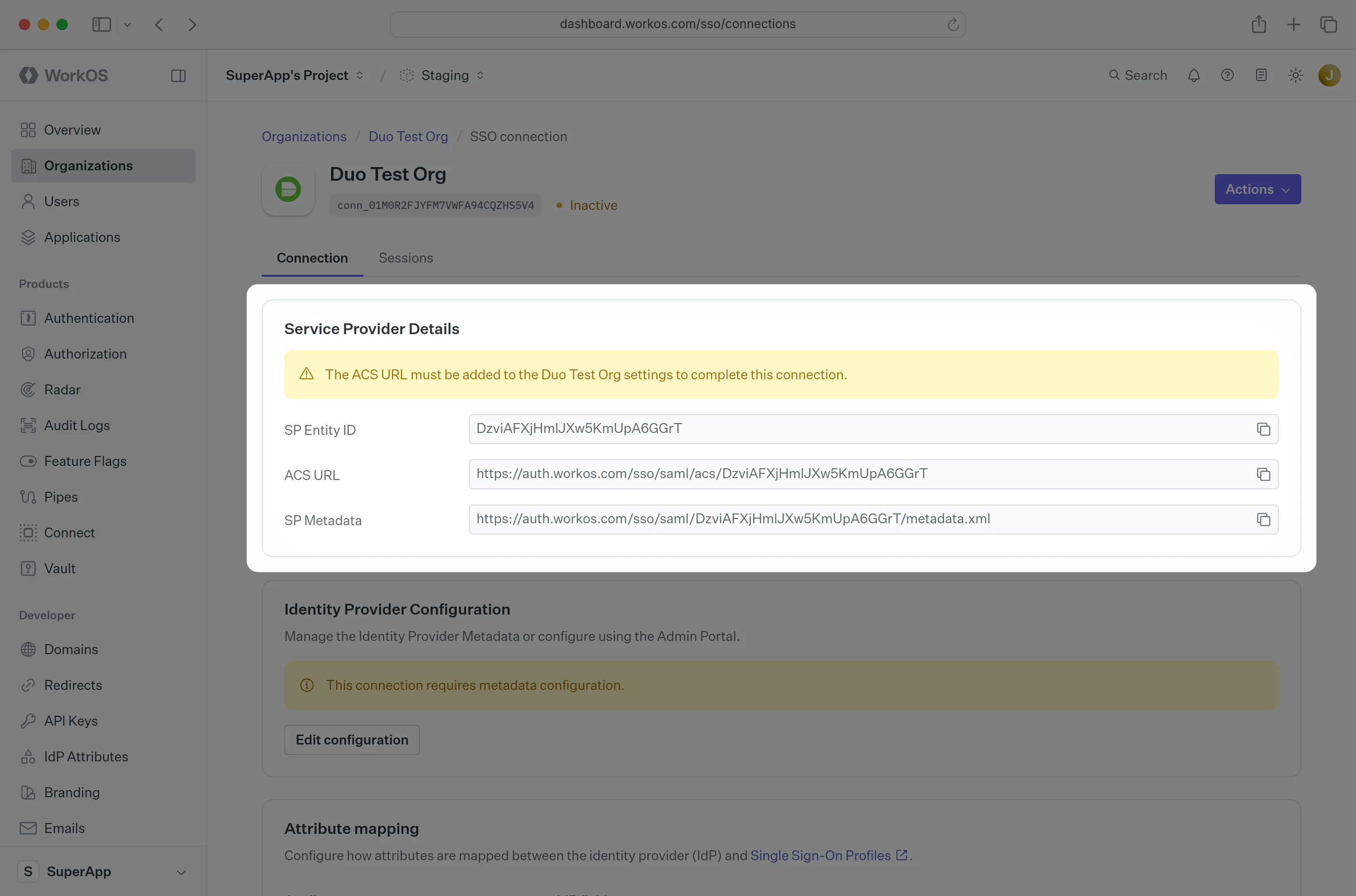 A screenshot showing where to access Service Provider details in the connection settings.