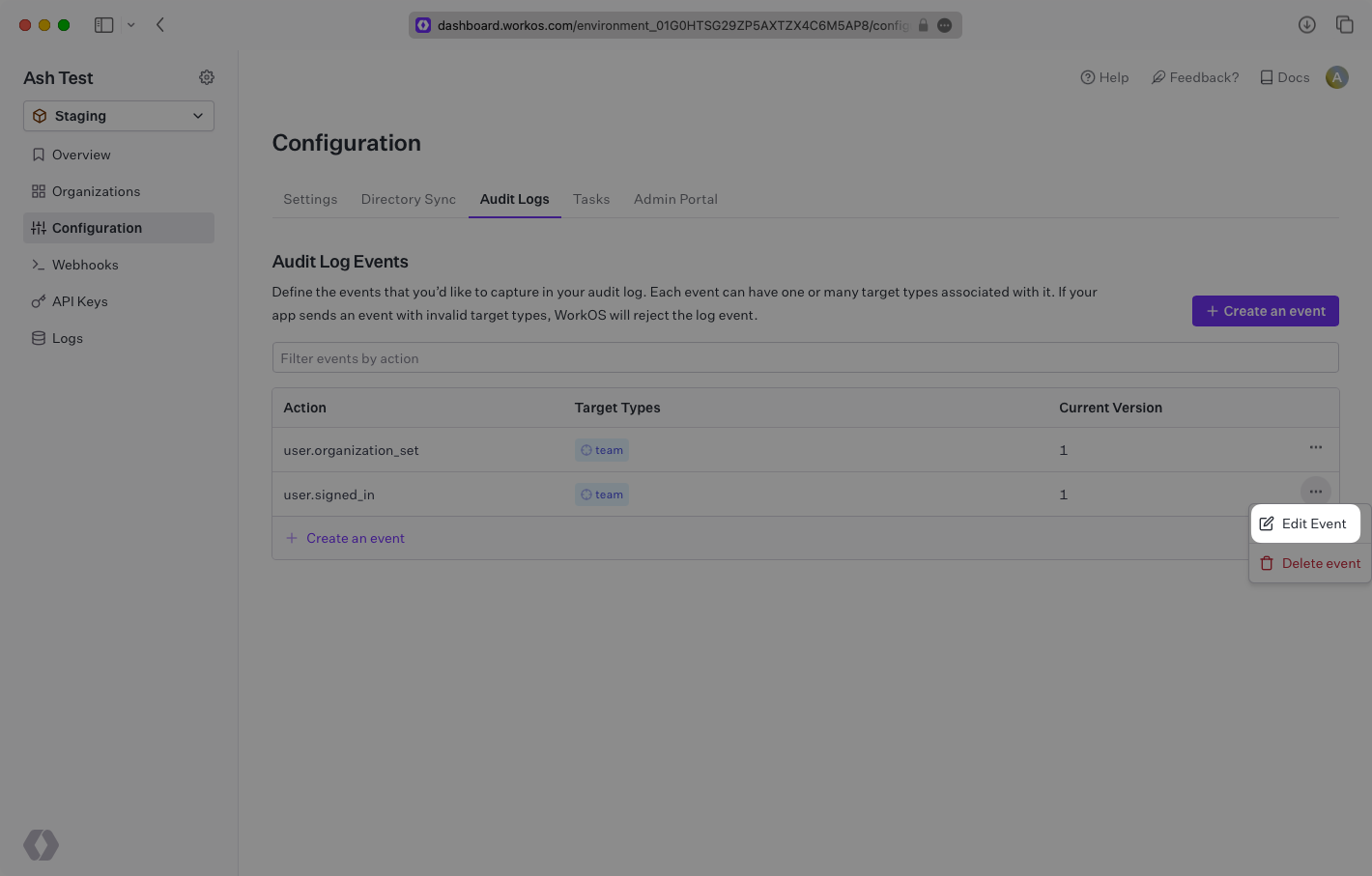 A screenshot showing the "Edit Event" option in the WorkOS Dashboard.
