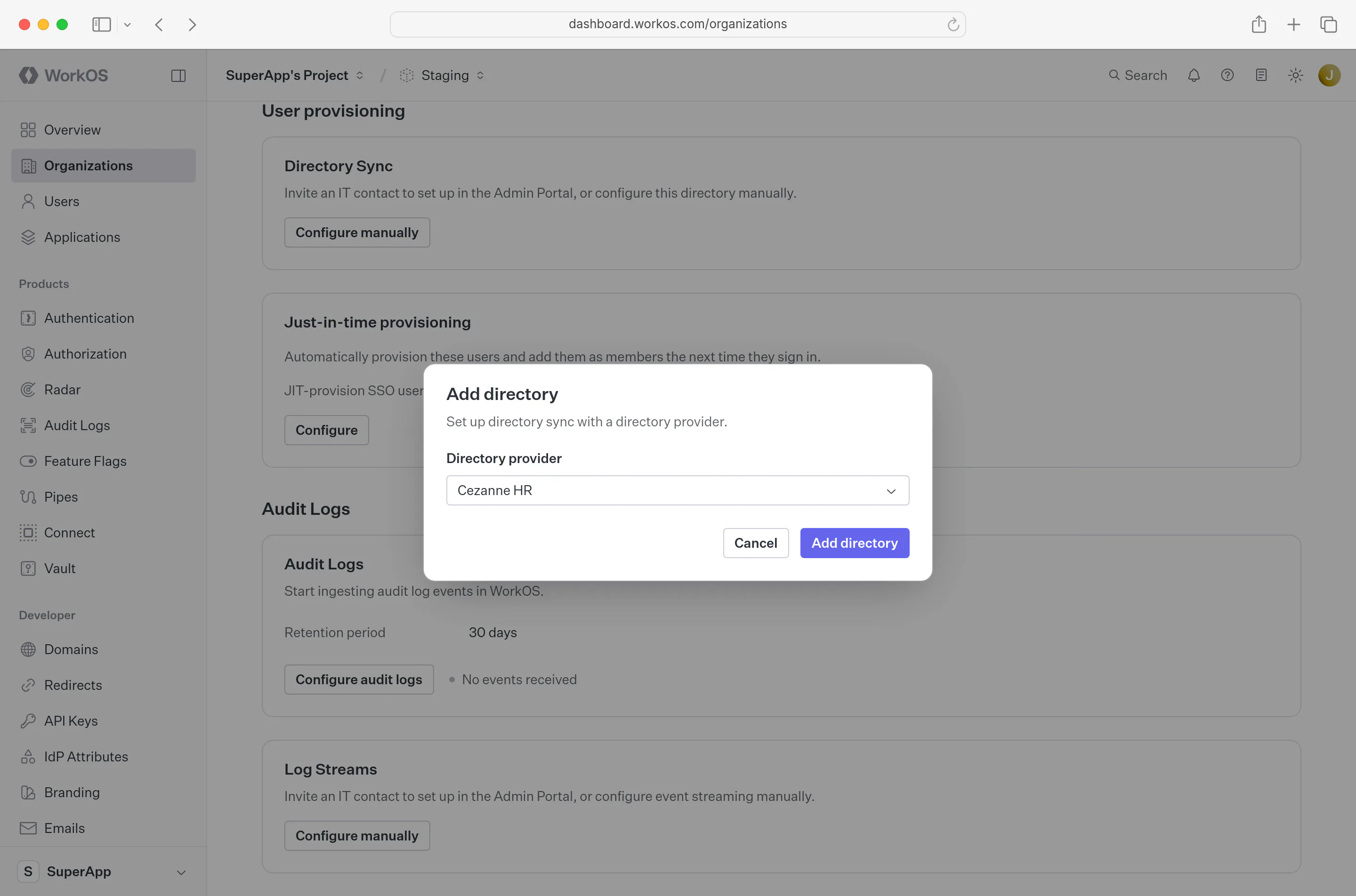 A screenshot showing “Create Directory” details in the WorkOS dashboard.