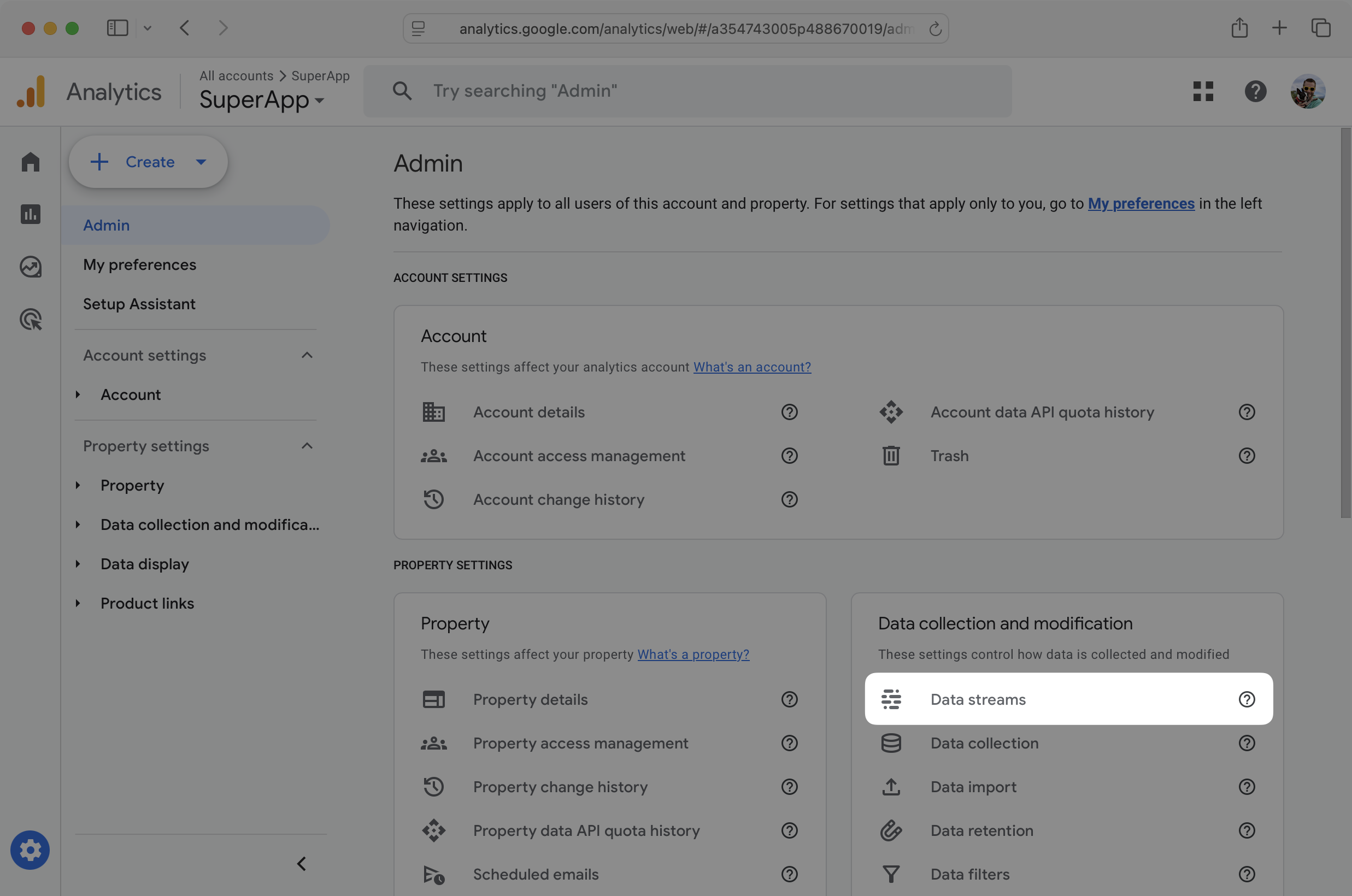 Data steams link on the Google Analytics website