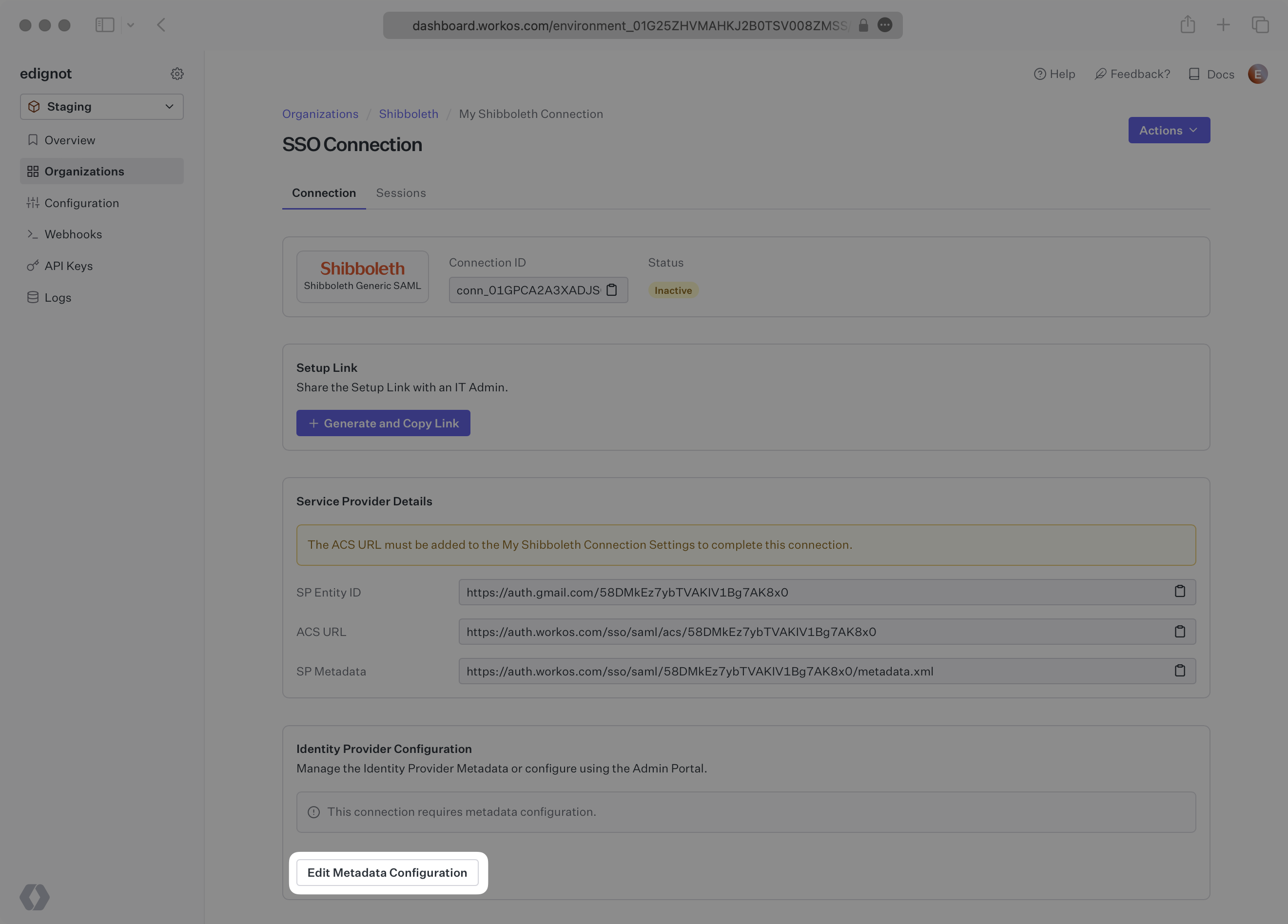 A screenshot showing where to edit the IdP metadata URL in the WorkOS Dashboard.