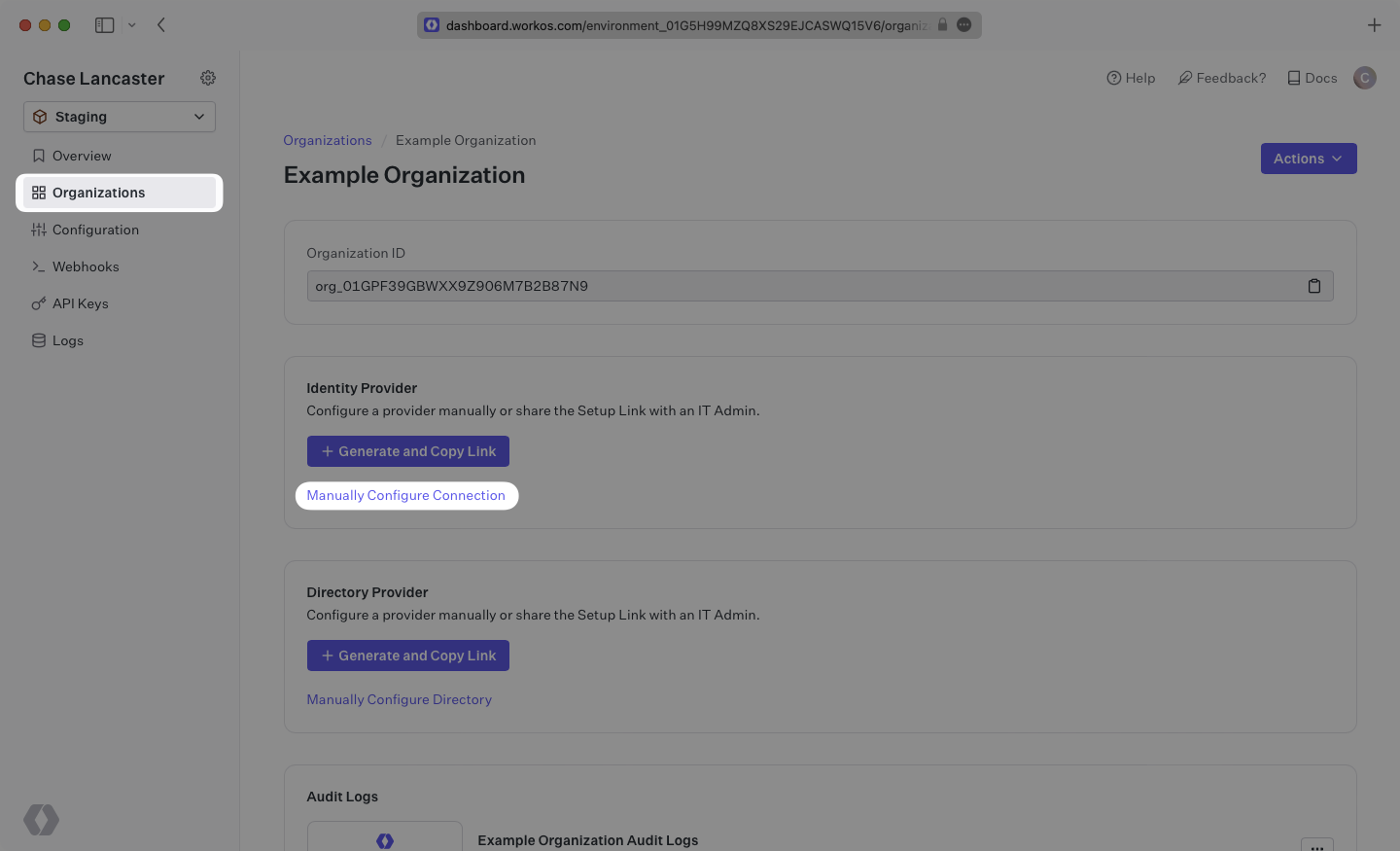 A screenshot showing where to select "Manually Configure Connection" in the WorkOS dashboard.