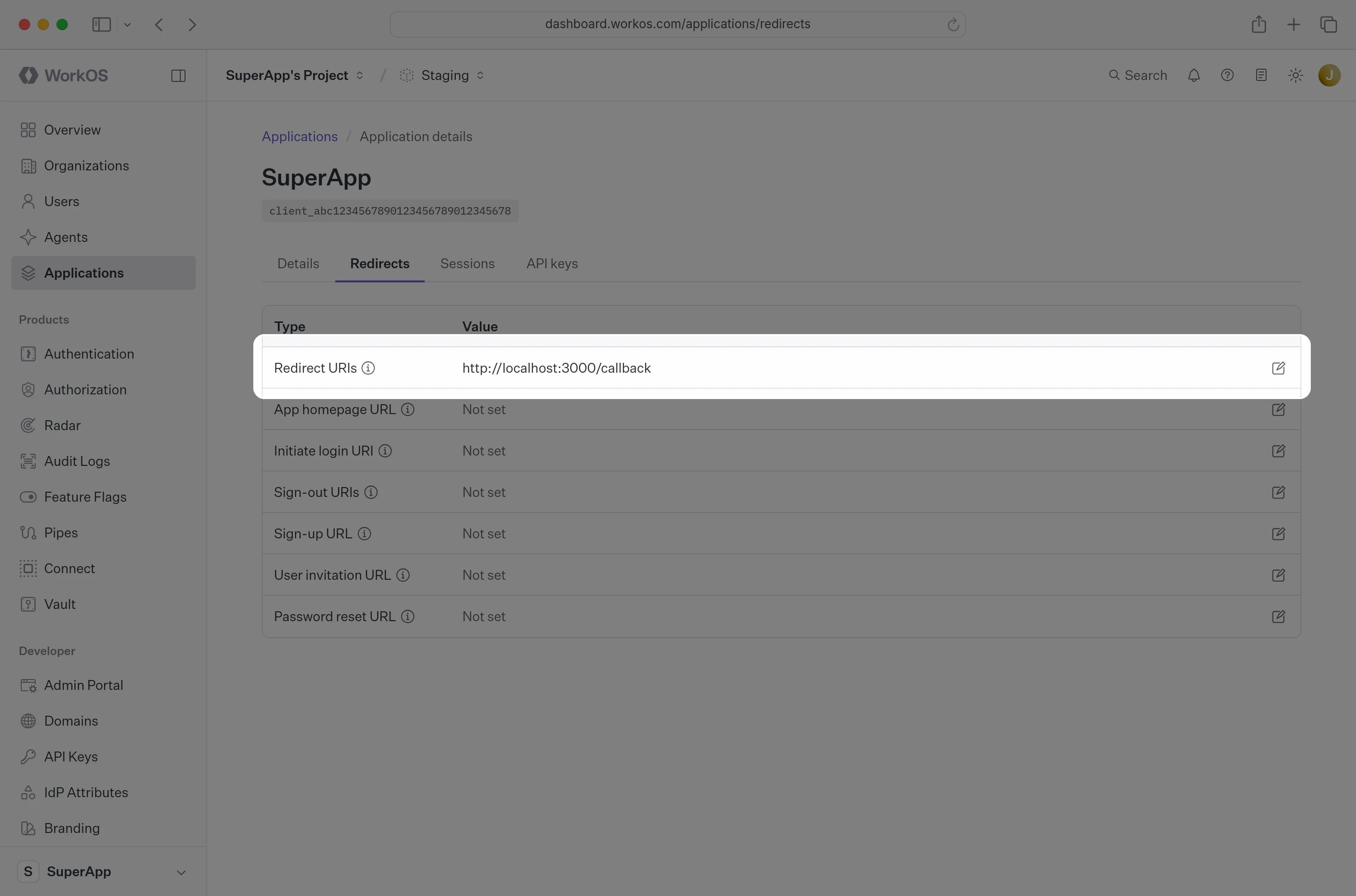 Dashboard redirect URI