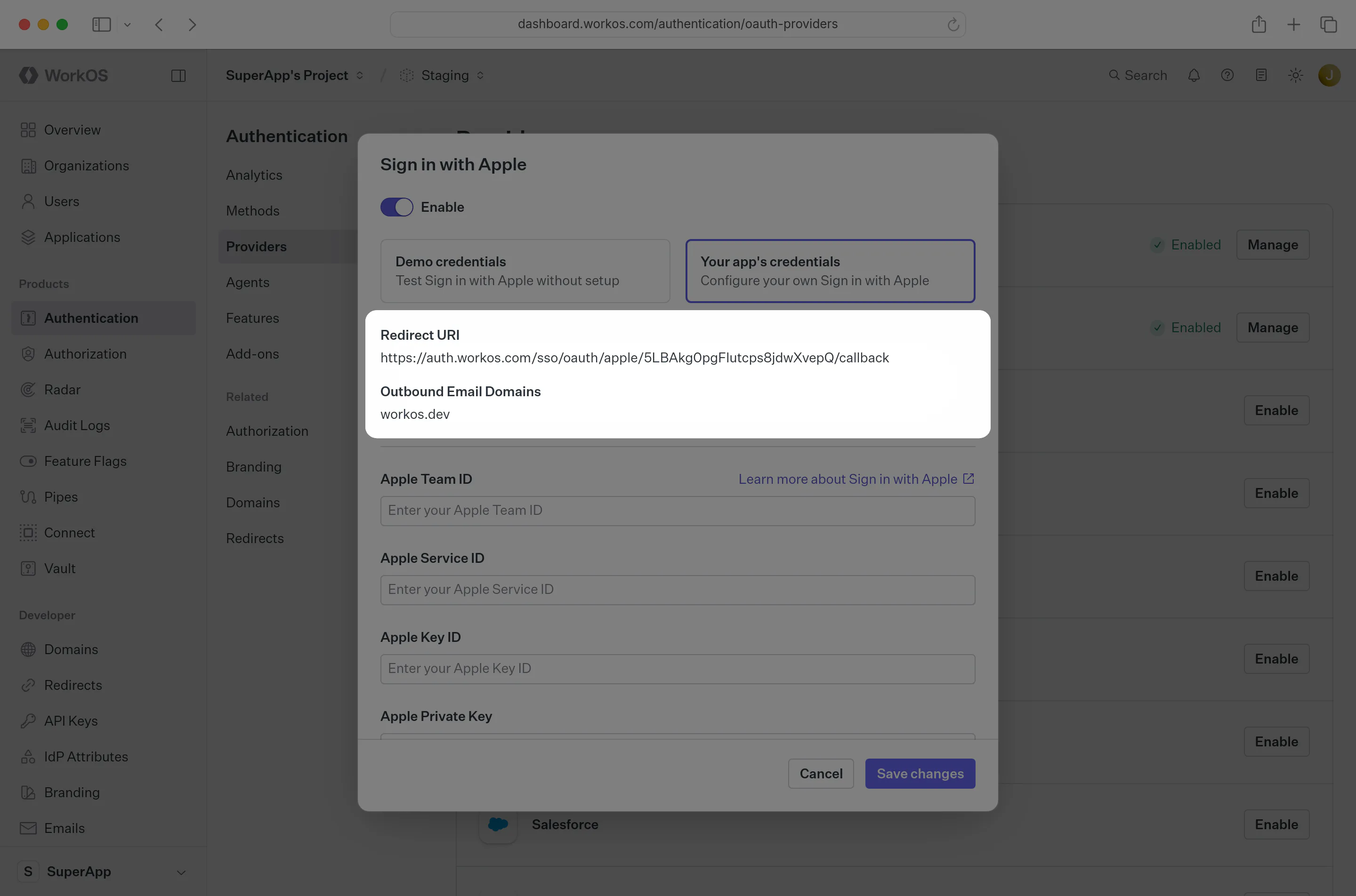 Sign in with Apple Redirect URI in the WorkOS dashboard.