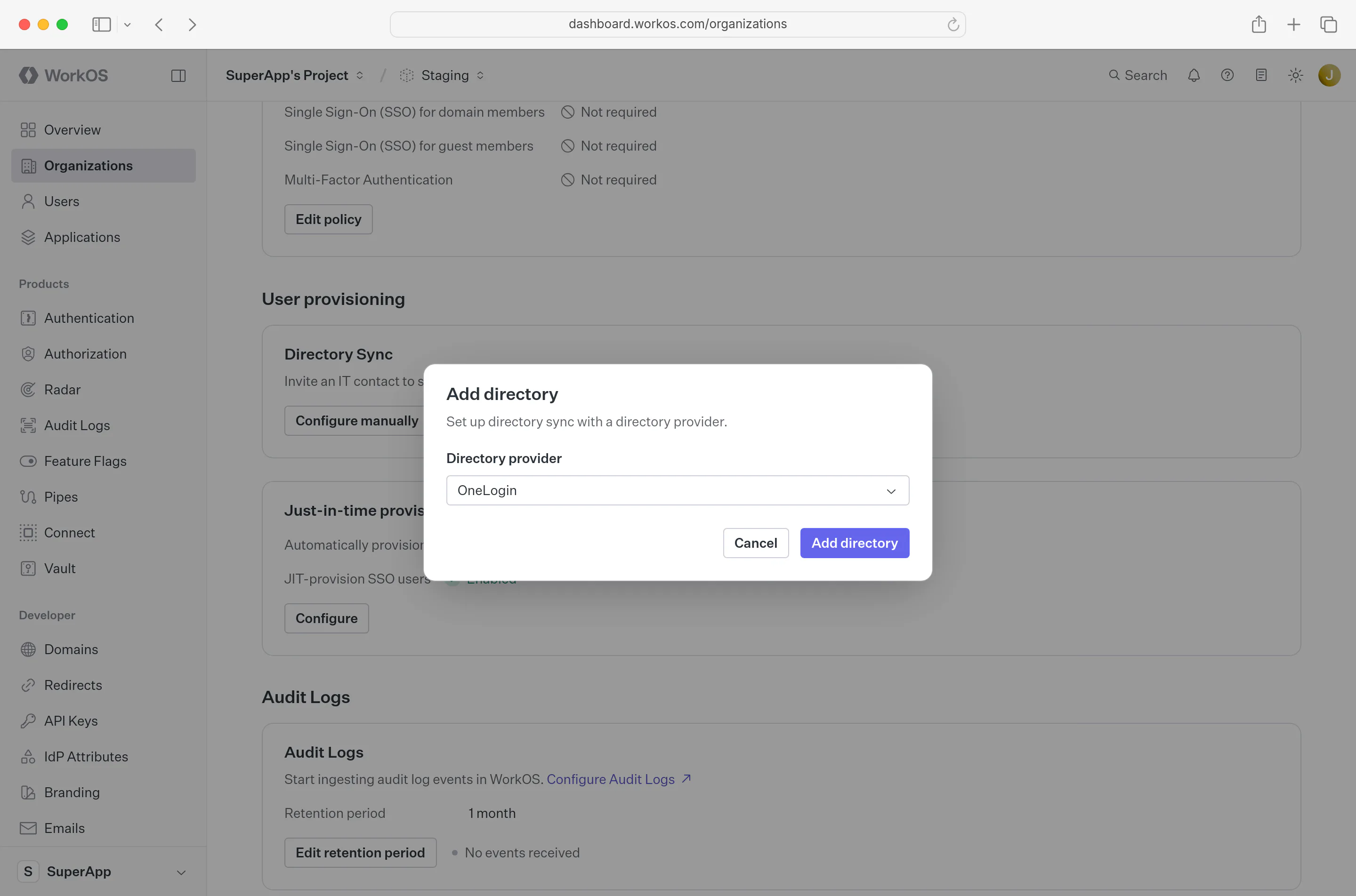 A screenshot showing “Create Directory” details in the WorkOS Dashboard.