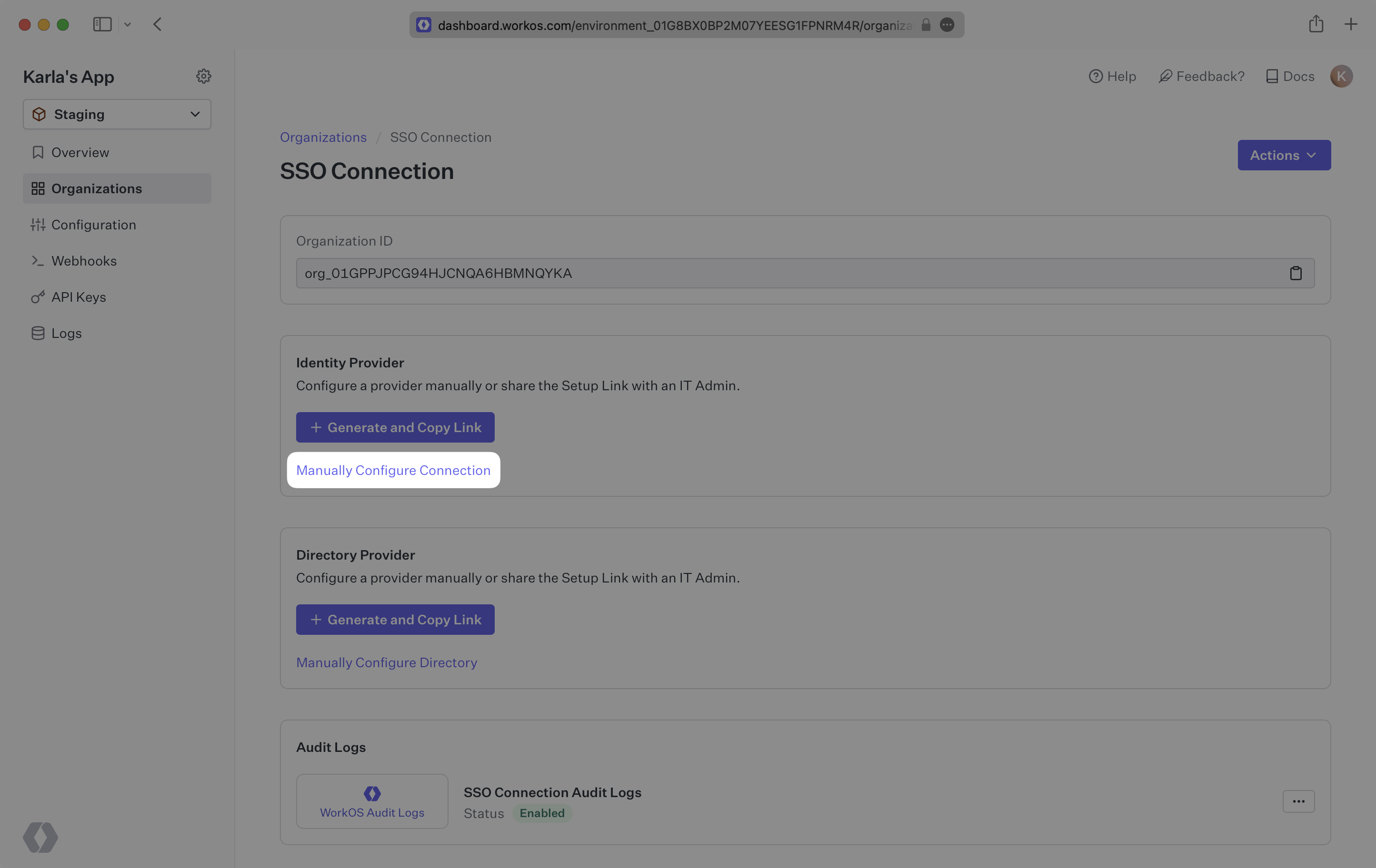 A screenshot showing where to find “Manually Configure Connection” for an Organization in the WorkOS Dashboard.