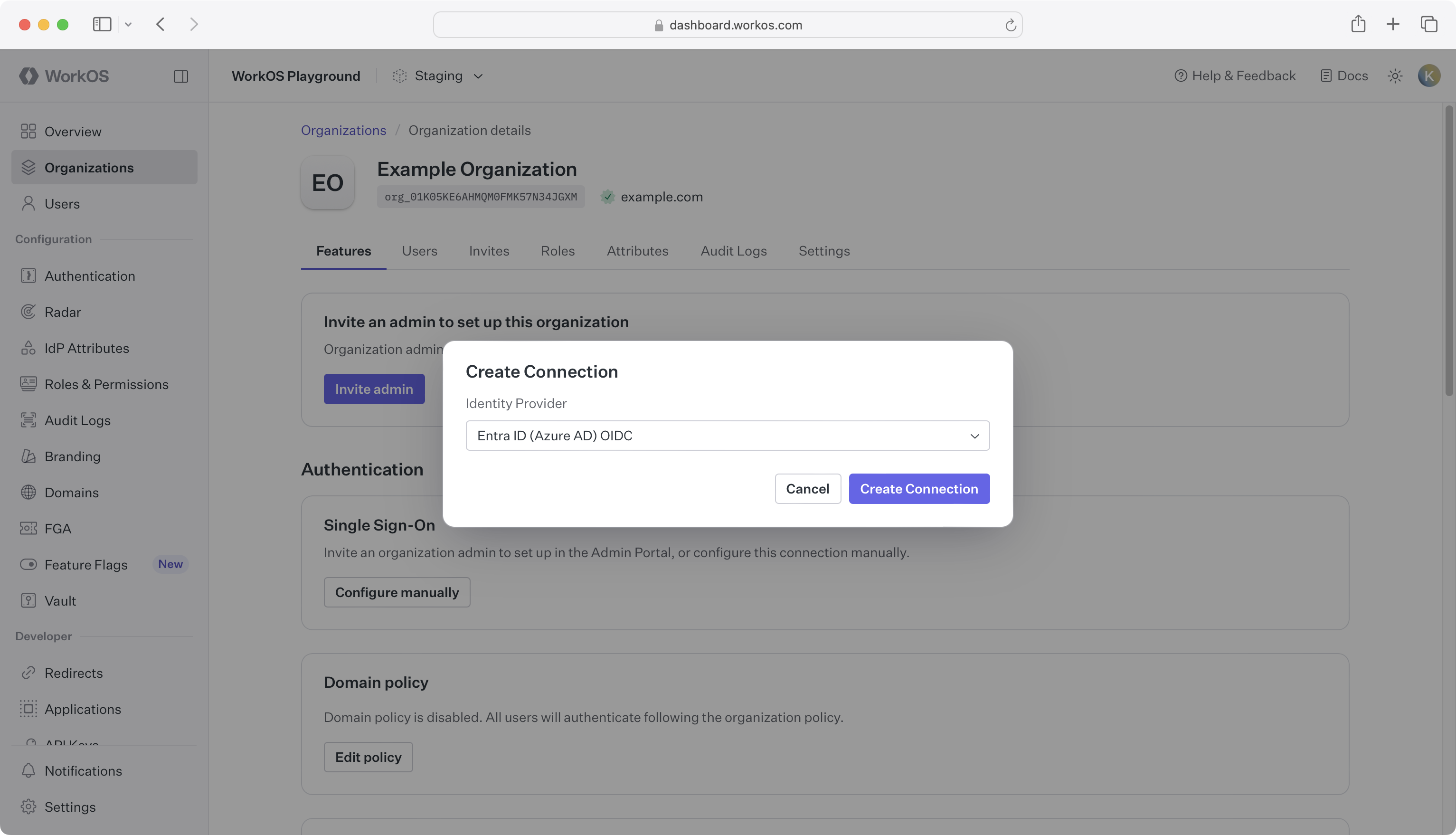 Create Connection form with Entra ID (Azure AD) OIDC selected as Identity Provider