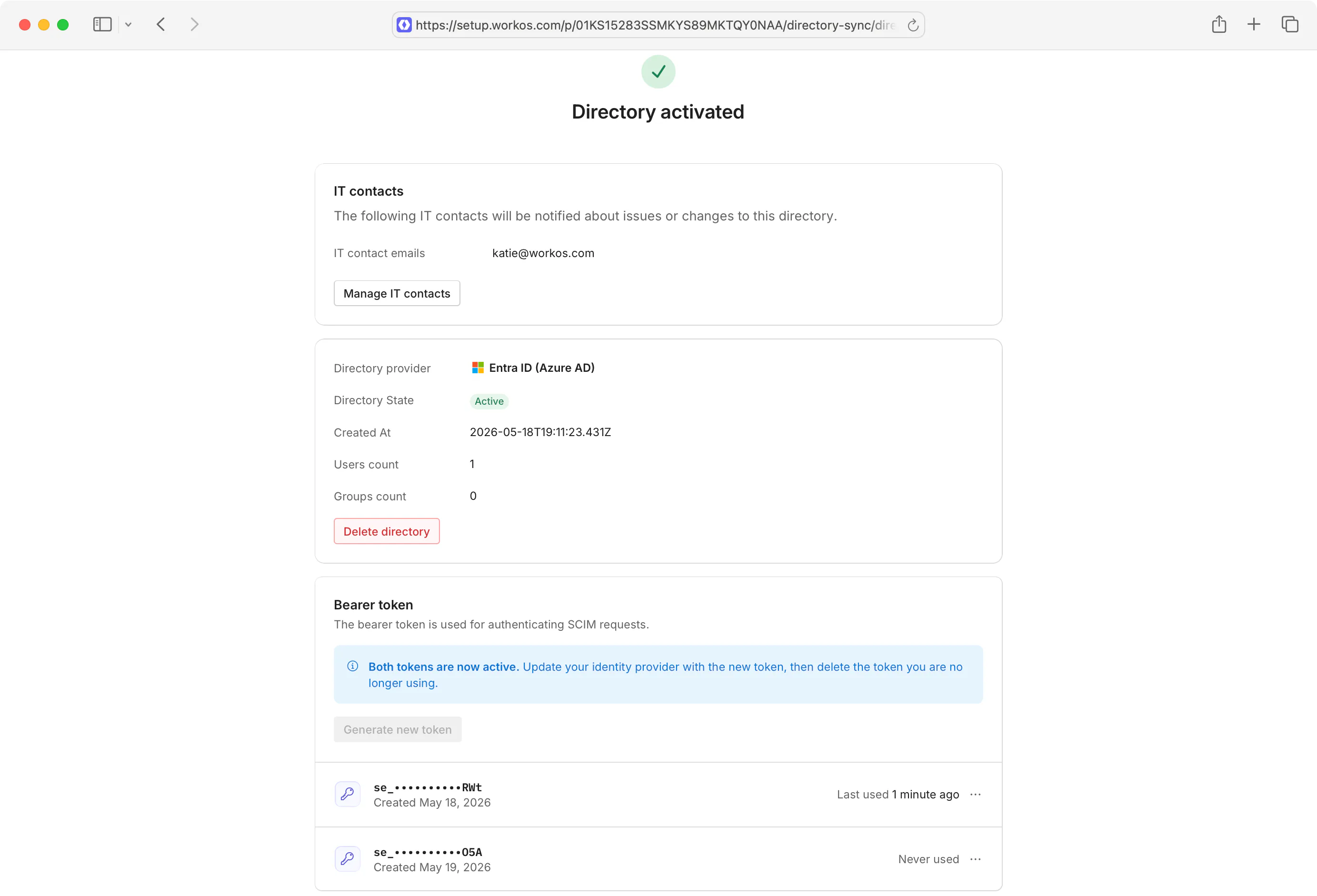 The Admin Portal post-configuration page showing the bearer tokens card.