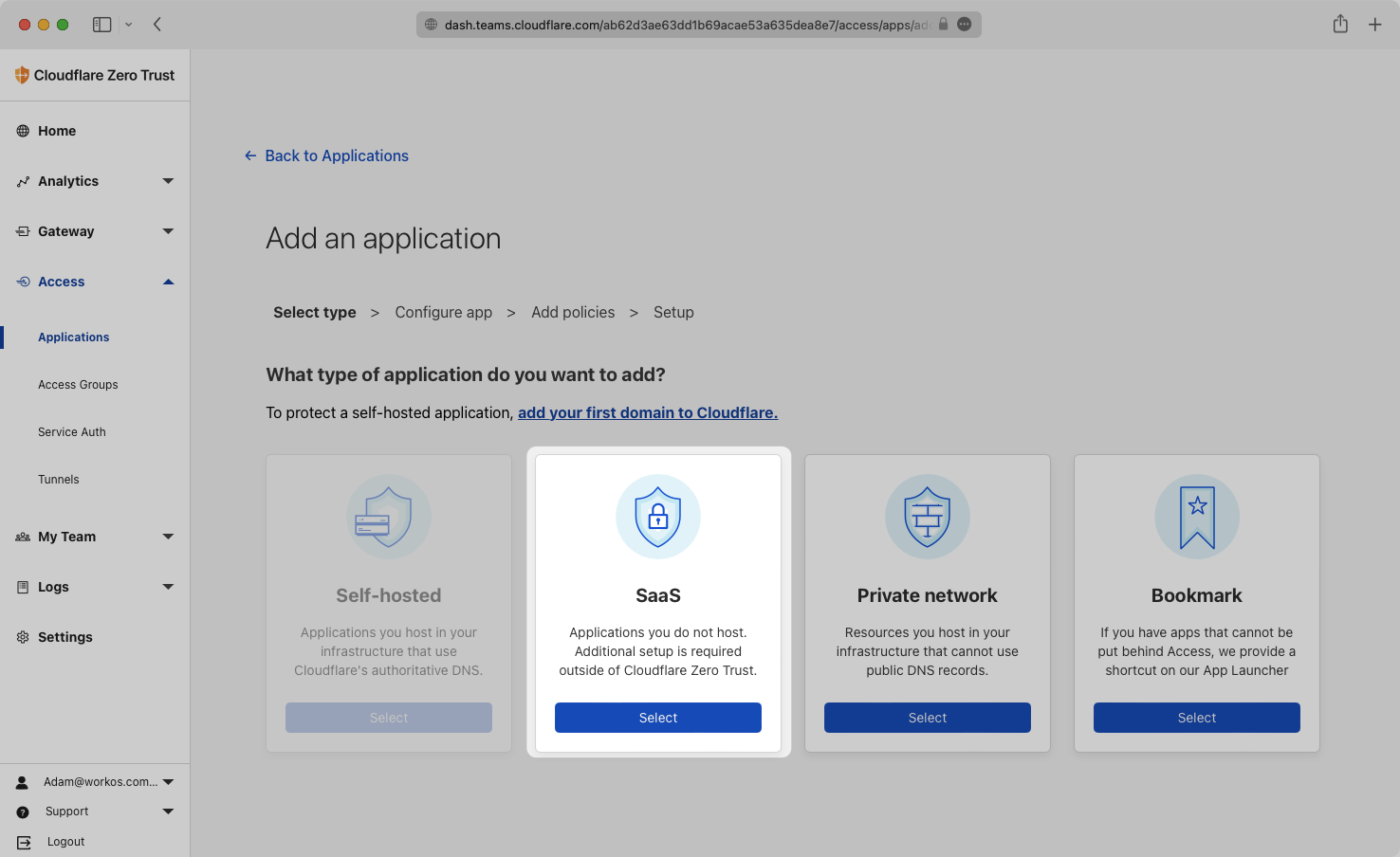 A screenshot highlighting the SaaS application type in Cloudflare.