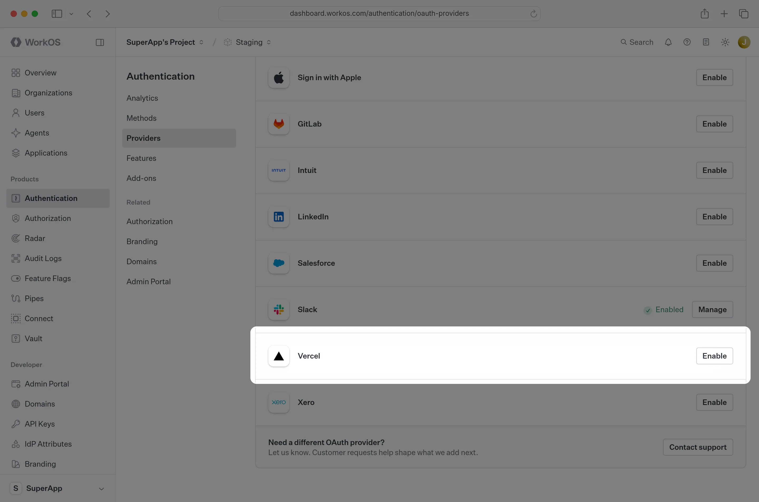 The Vercel OAuth section in the WorkOS Dashboard