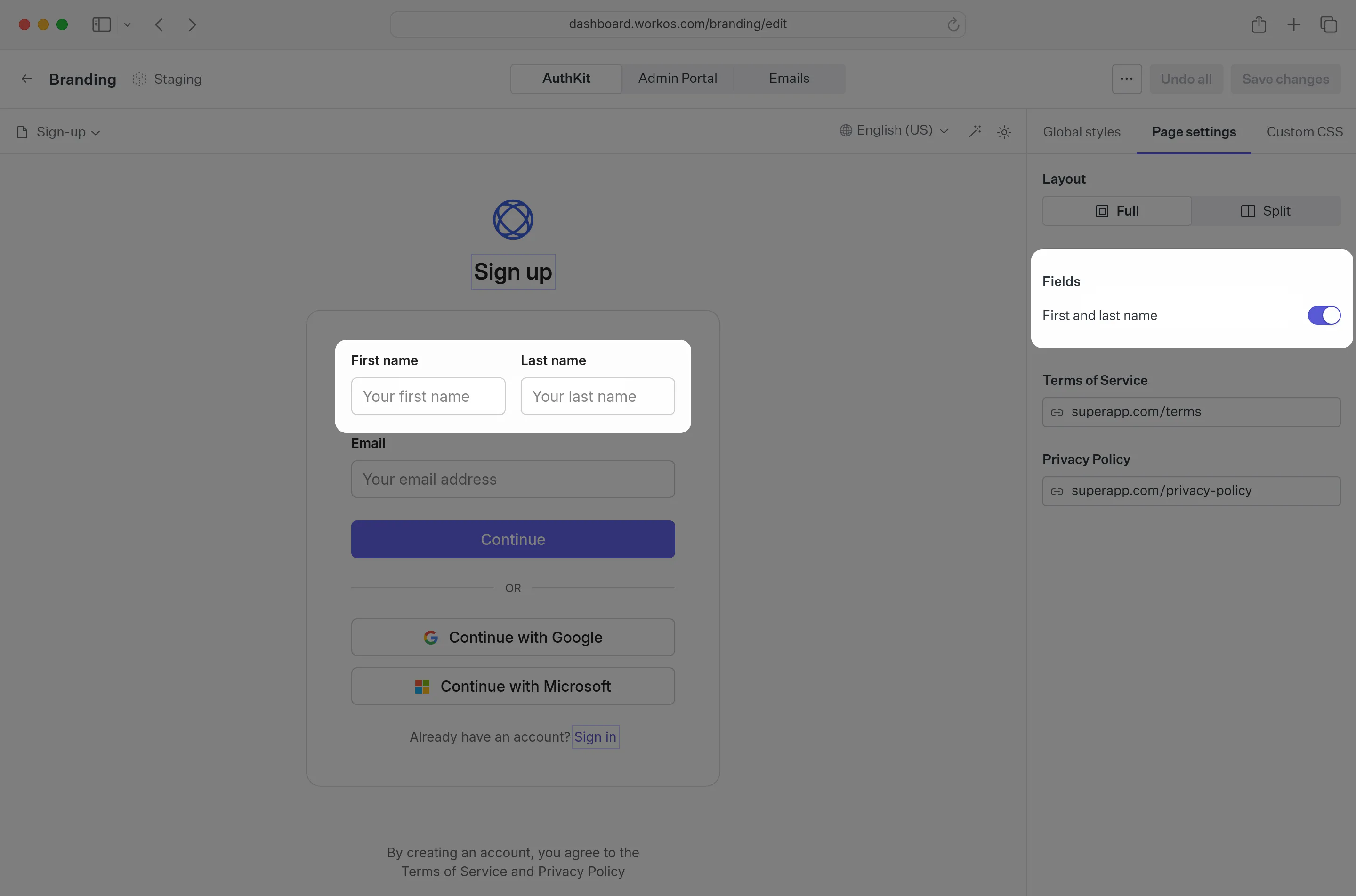 Sign-up fields in the brand editor