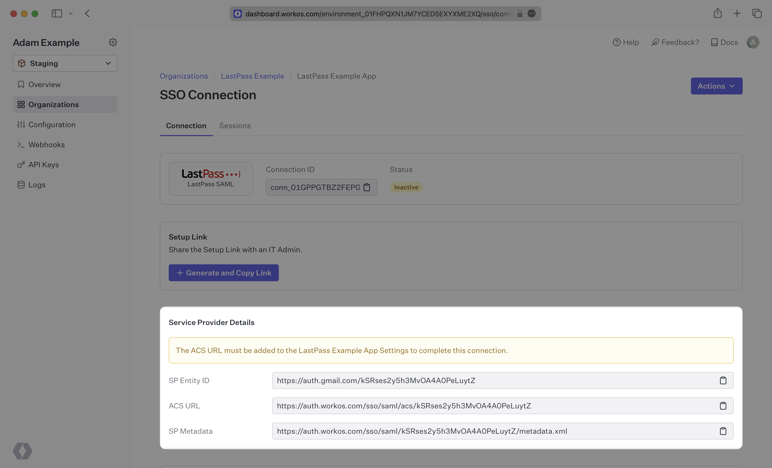 A screenshot showing where to find the ACS URL, SP Metadata, and SP Entity ID in the WorkOS Dashboard.