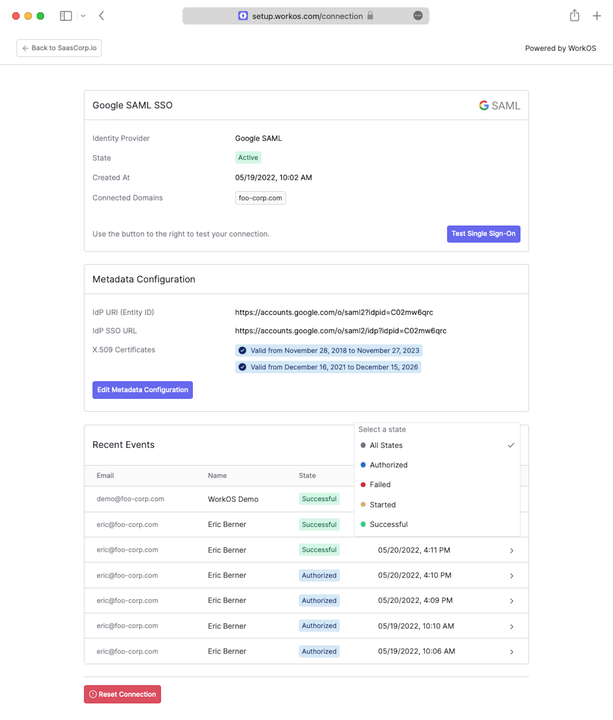 A screenshot showing the Admin Portal SSO screen and how to sort "Recent Events" by "state".