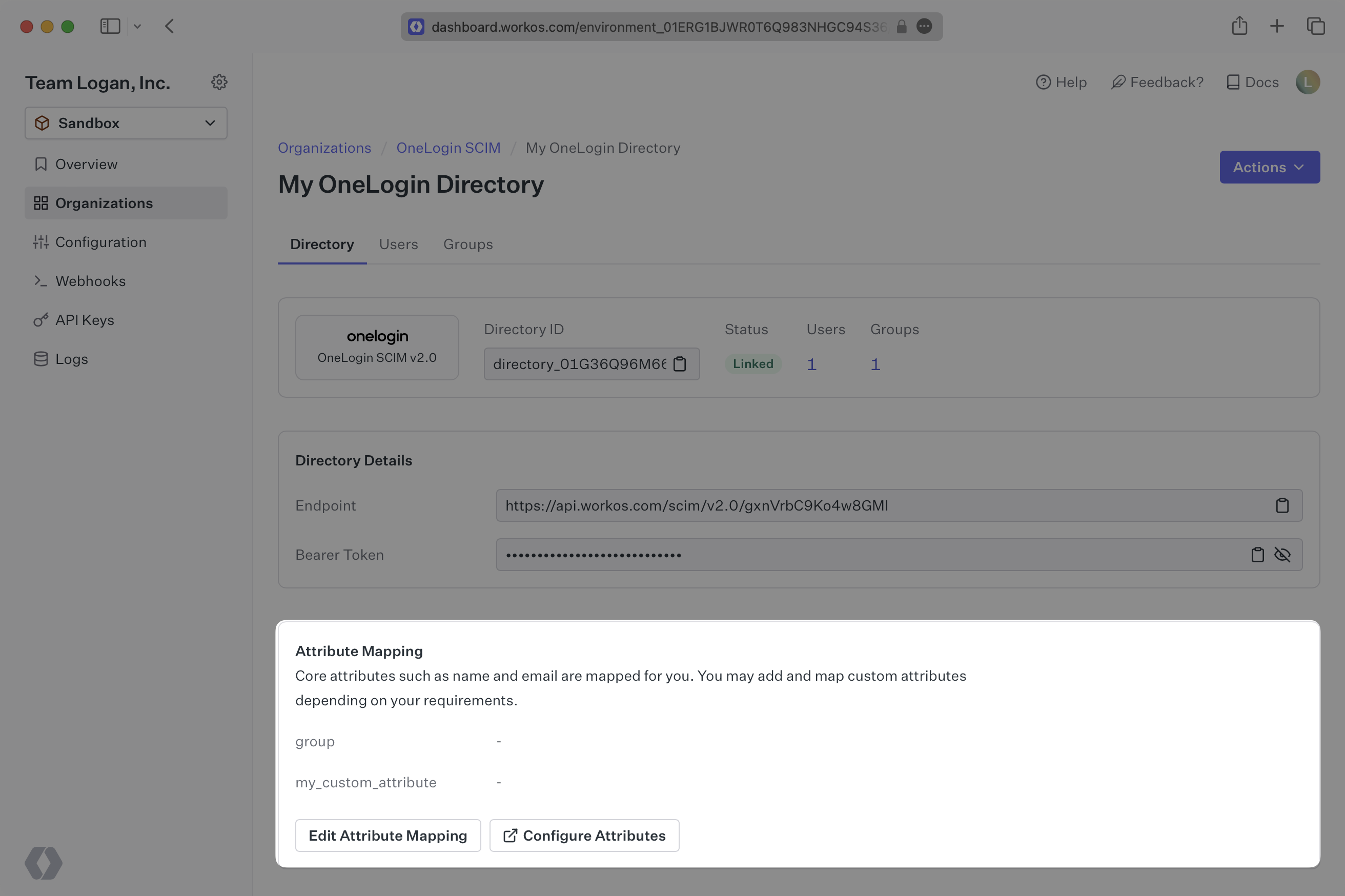 A screenshot showing where to find "Attribute Mapping" for an organization in the WorkOS Dashboard.