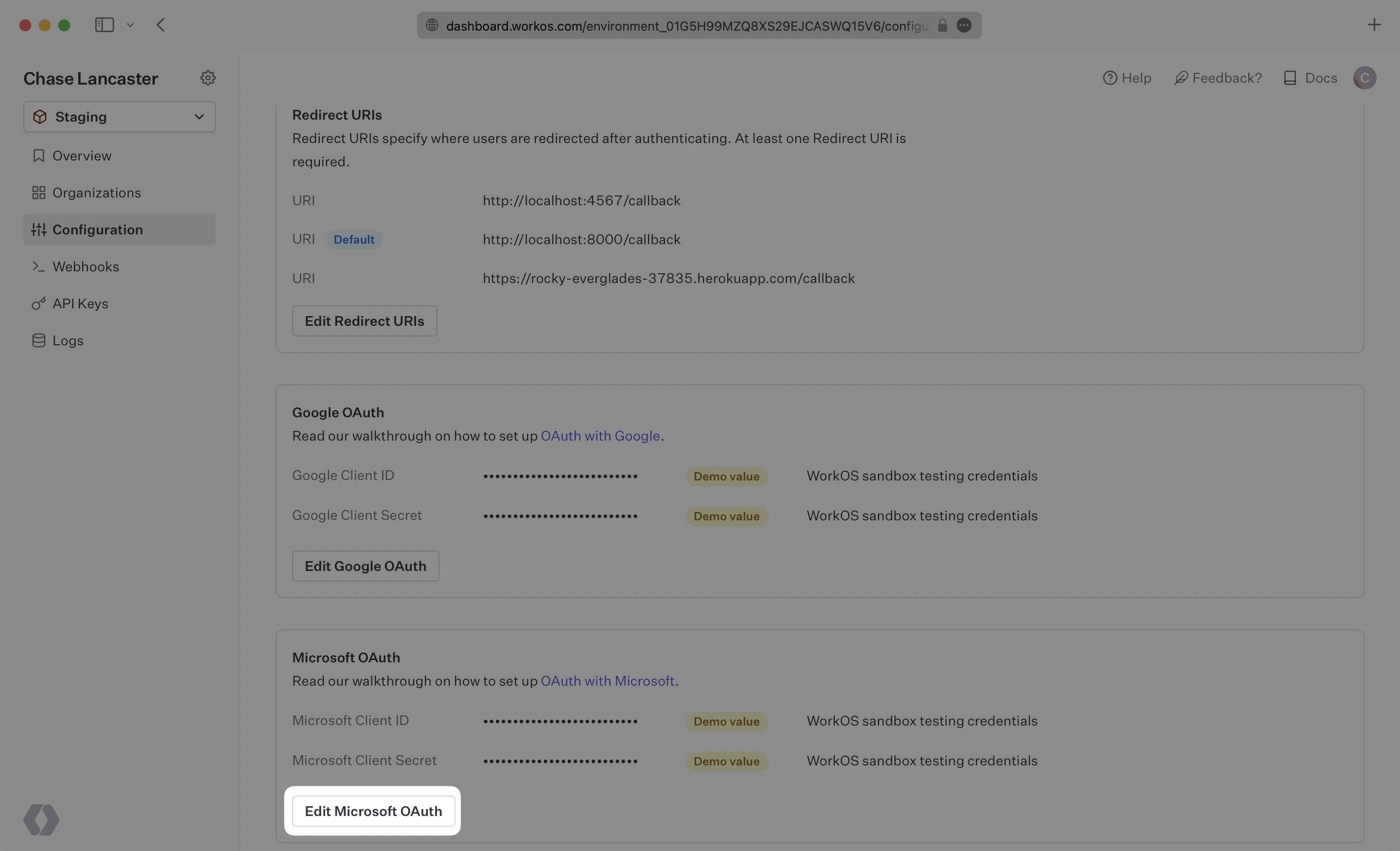 A screenshot showing the "Edit Microsoft OAuth" button in the WorkOS Dashboard