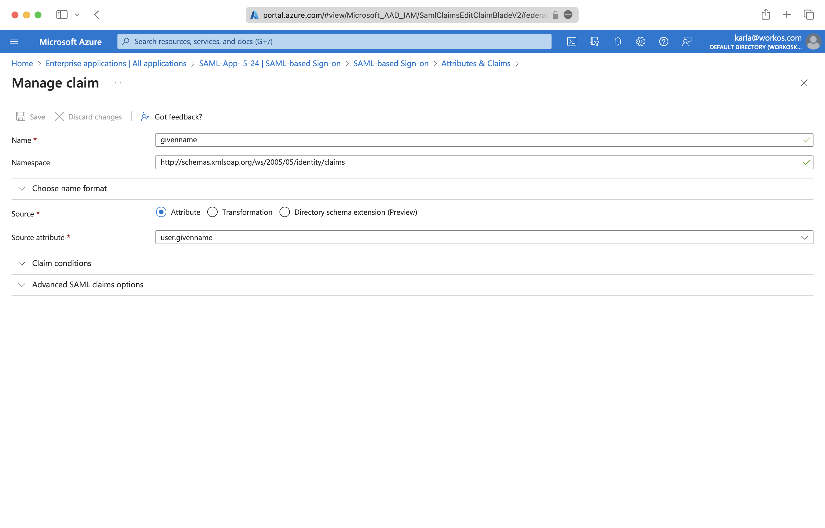 A screenshot showing the "Manage Claim" configuration in the Azure dashboard.