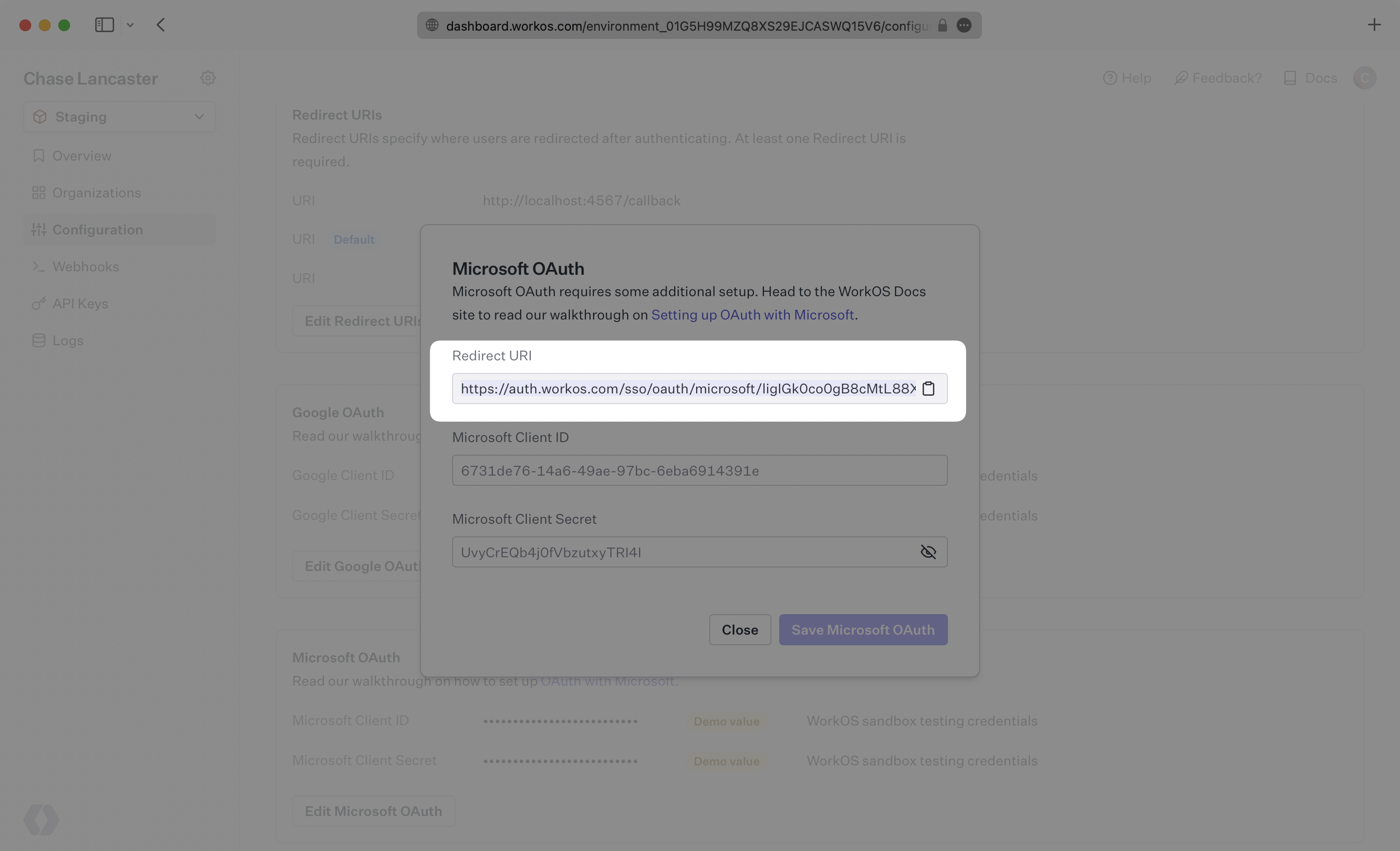 A screenshot showing where to find the Microsoft OAuth Redirect URI field in the WorkOS Dashboard.