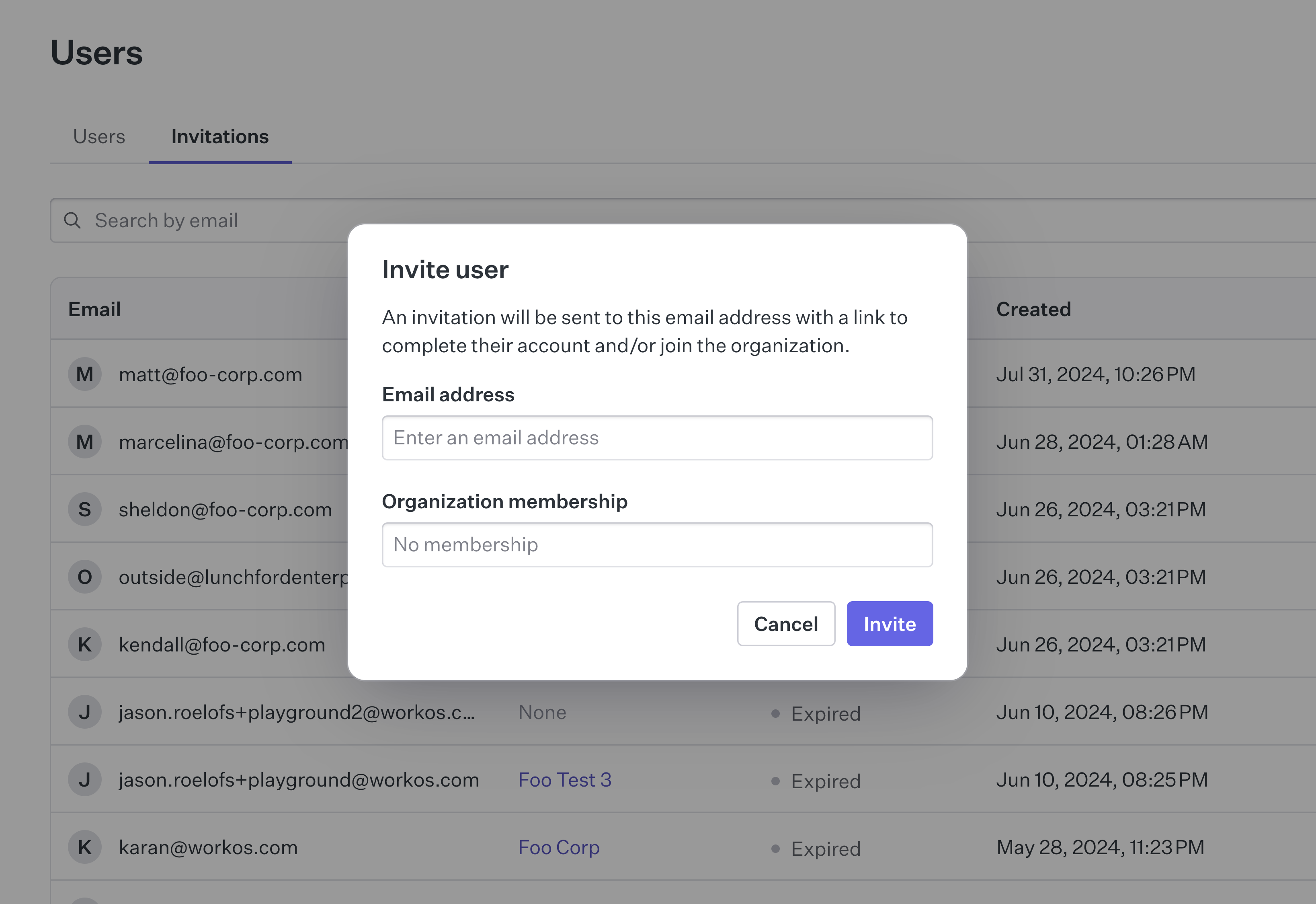 Image of a modal in the WorkOS dashboard to invite new users