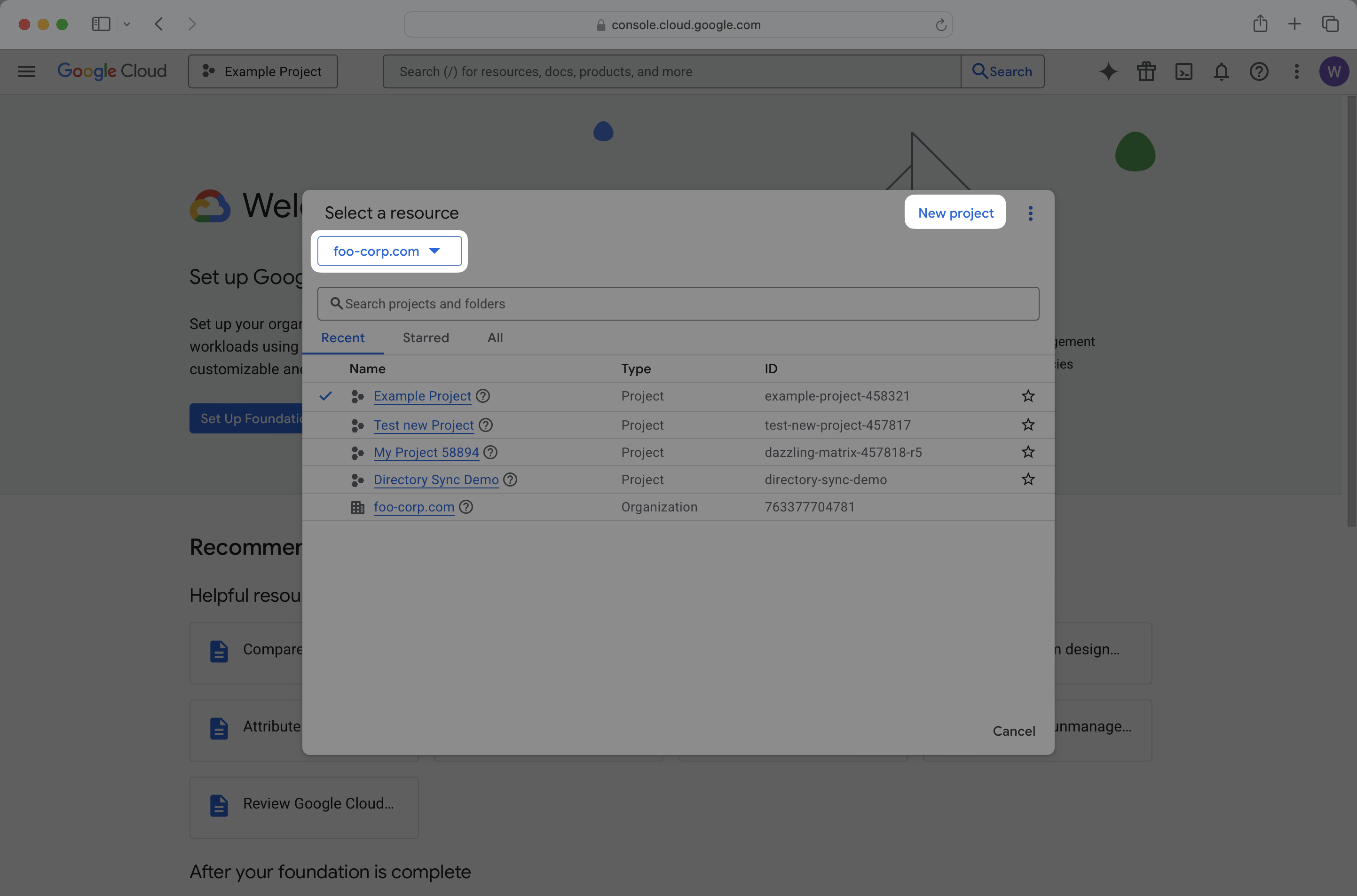 Google Cloud Console project selector with "Create project" option