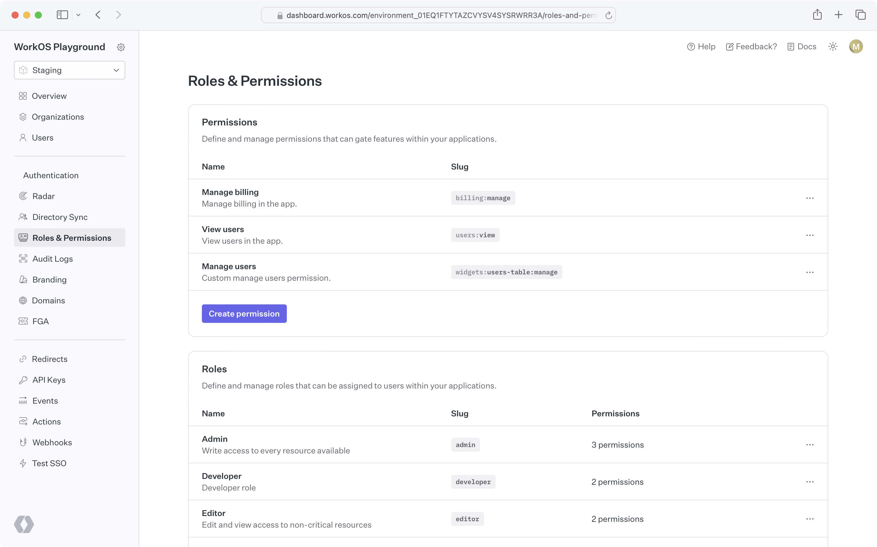 Roles section WorkOS Dashboard