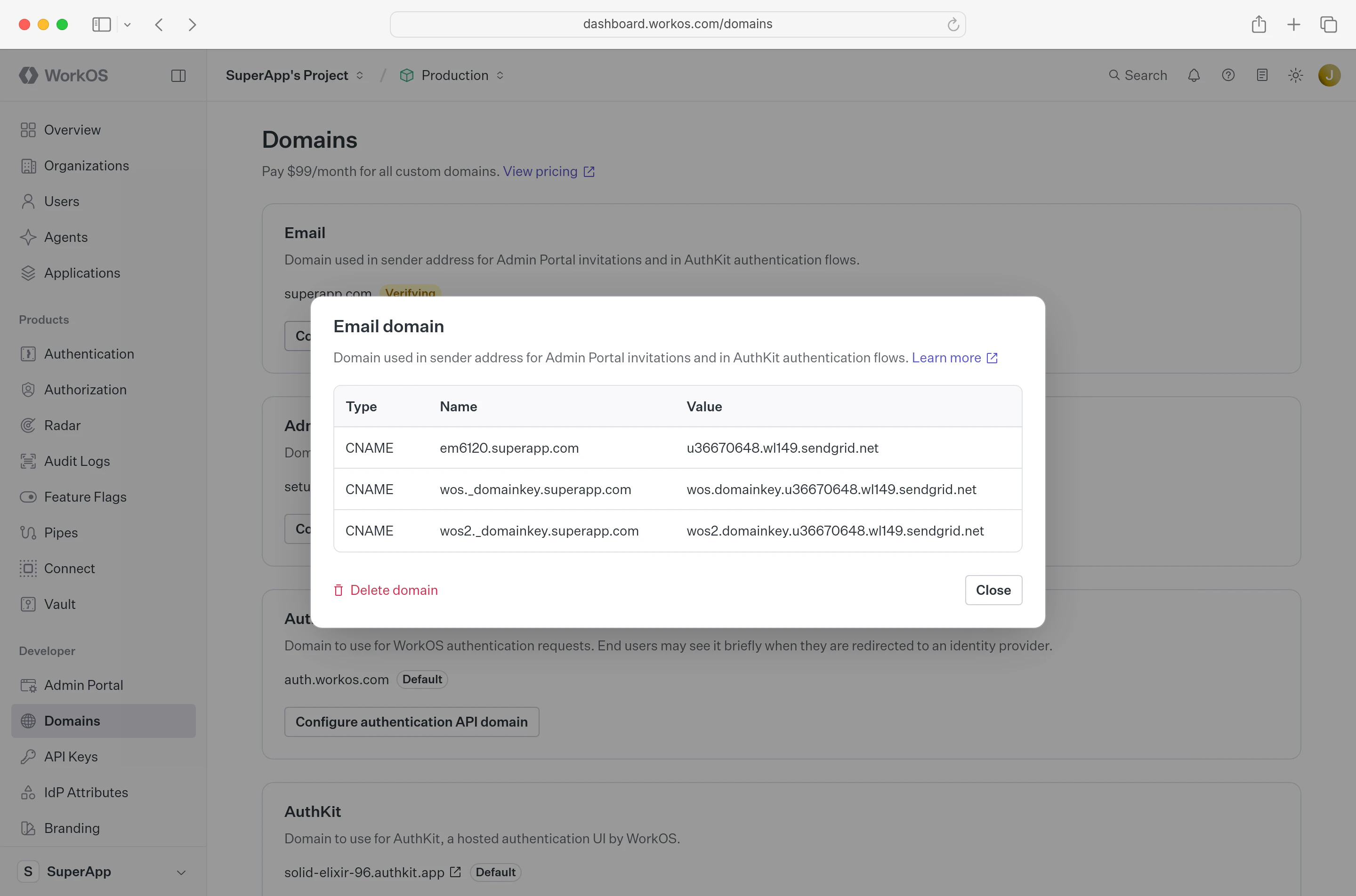 Dashboard displaying CNAME entries