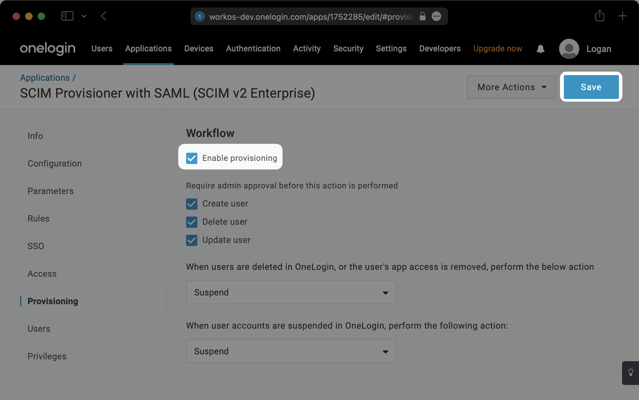 A screenshot showing where to select "Provisioning" tab select "Enable Provisioning" in OneLogin