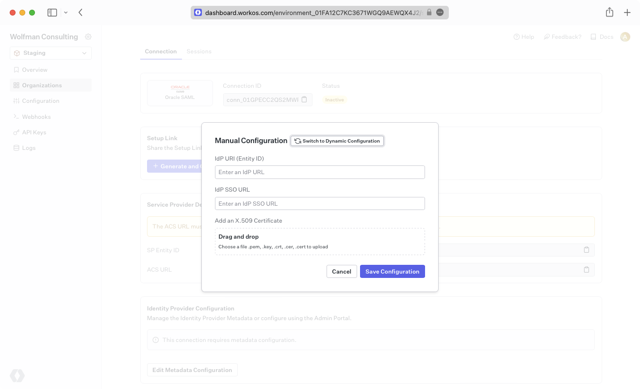 A screenshot showing the manual configuration details in the WorkOS Dashboard