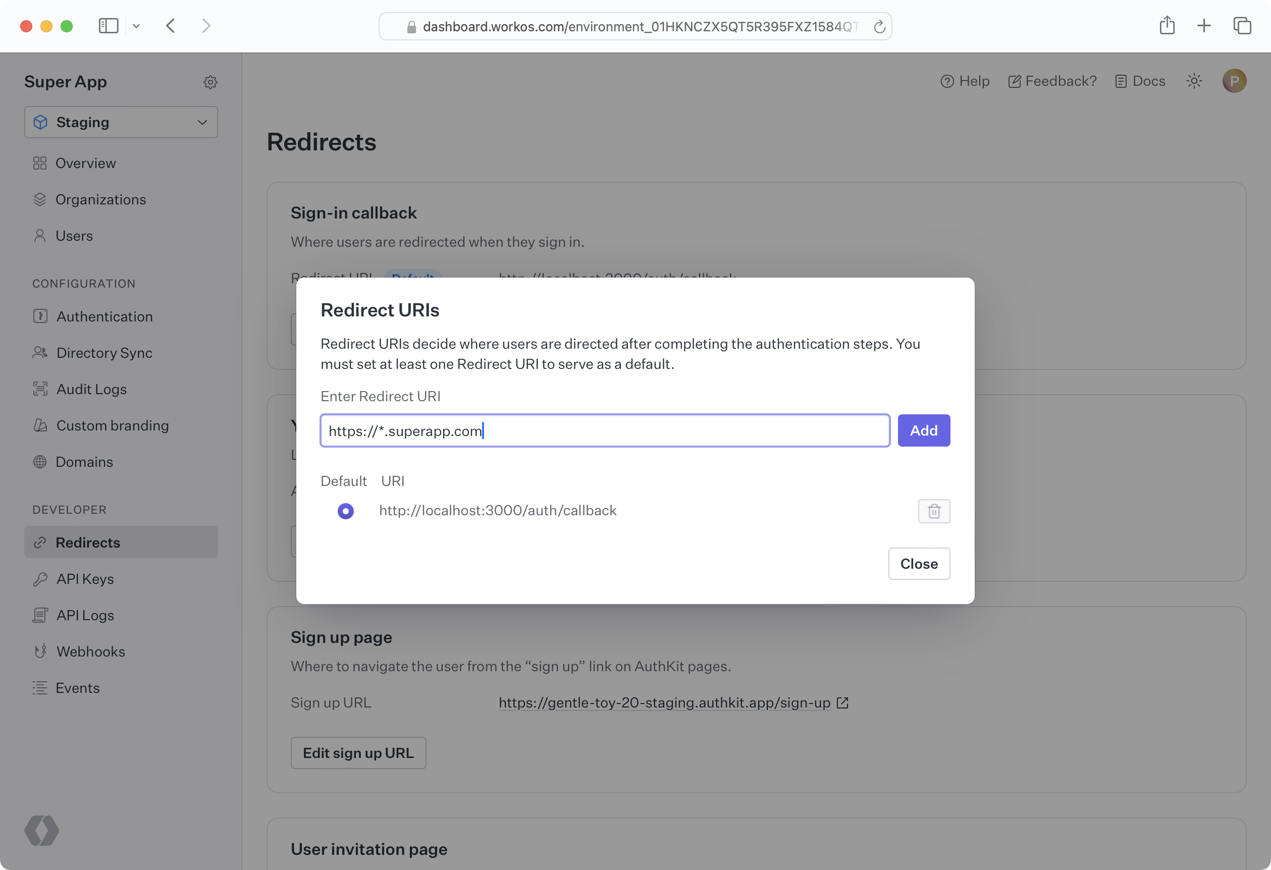 WorkOS Dashboard UI editing a wildcard character in a redirect URI