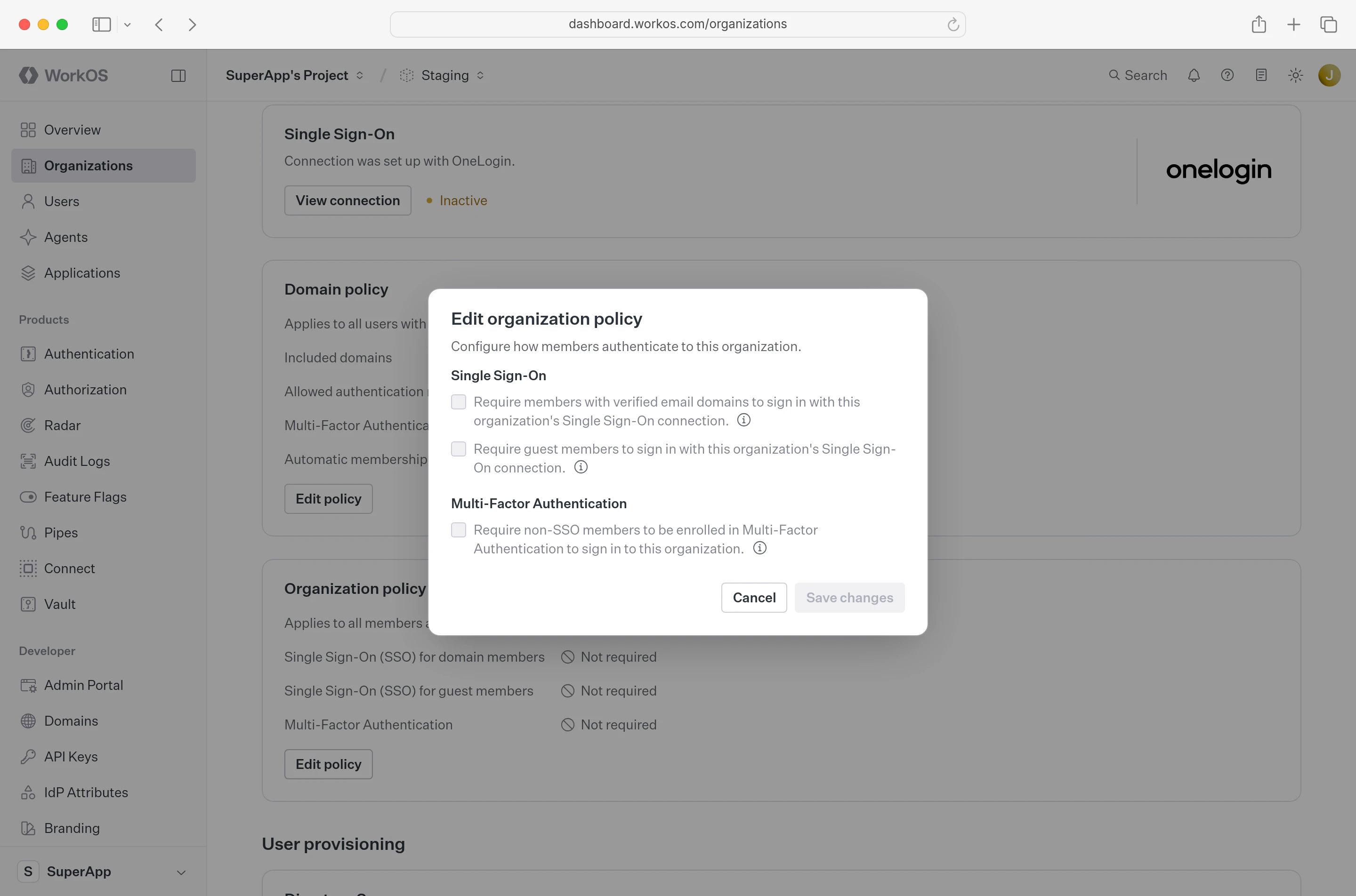 Applying authentication policy in the WorkOS dashboard