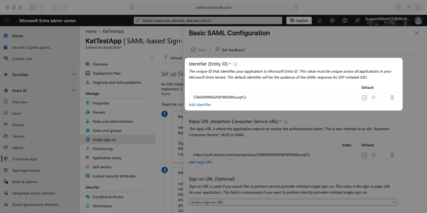 A screenshot showing the location to place the WorkOS Entity ID in the Entra Dashboard.