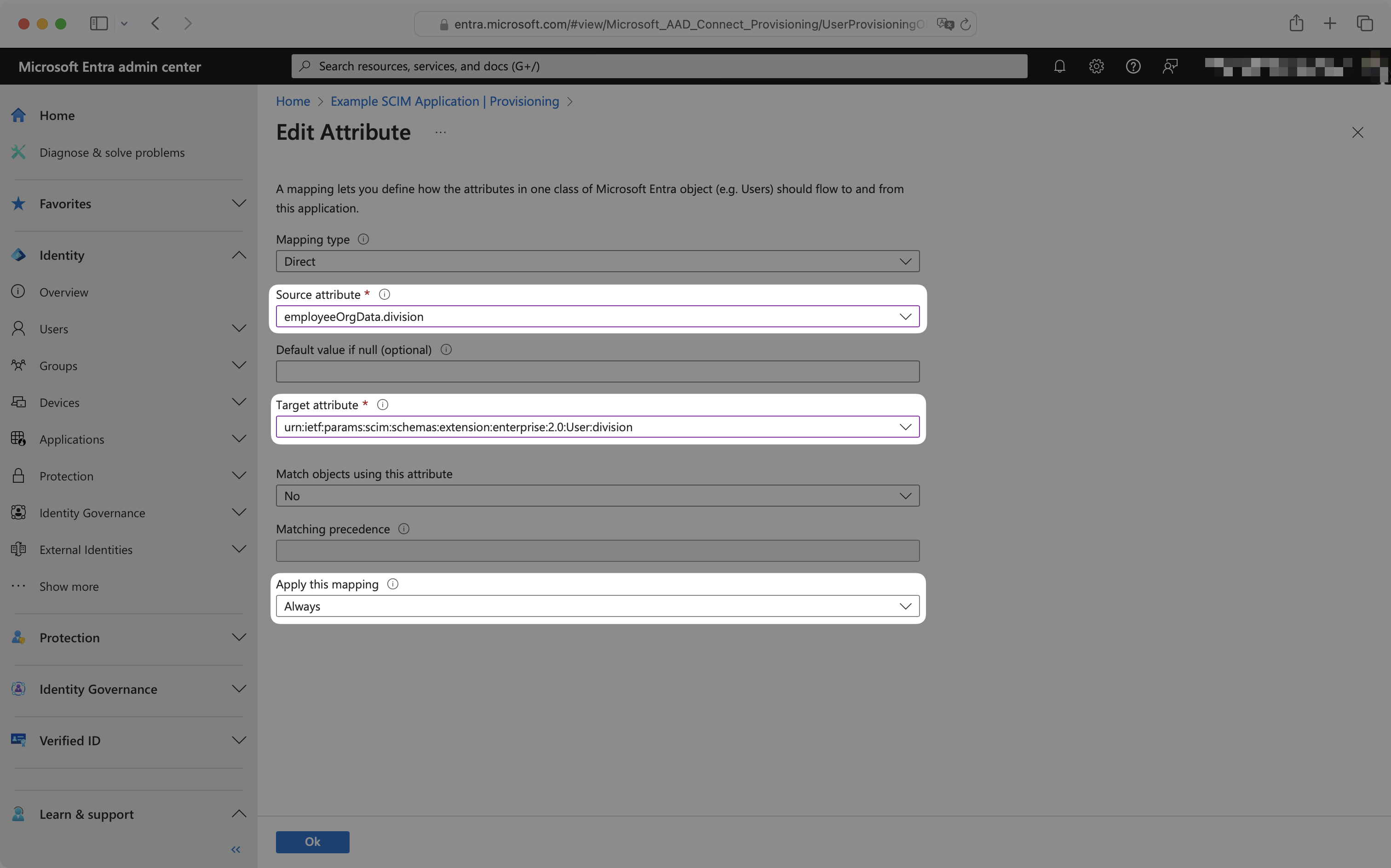 Microsoft Entra configure mapping dialog