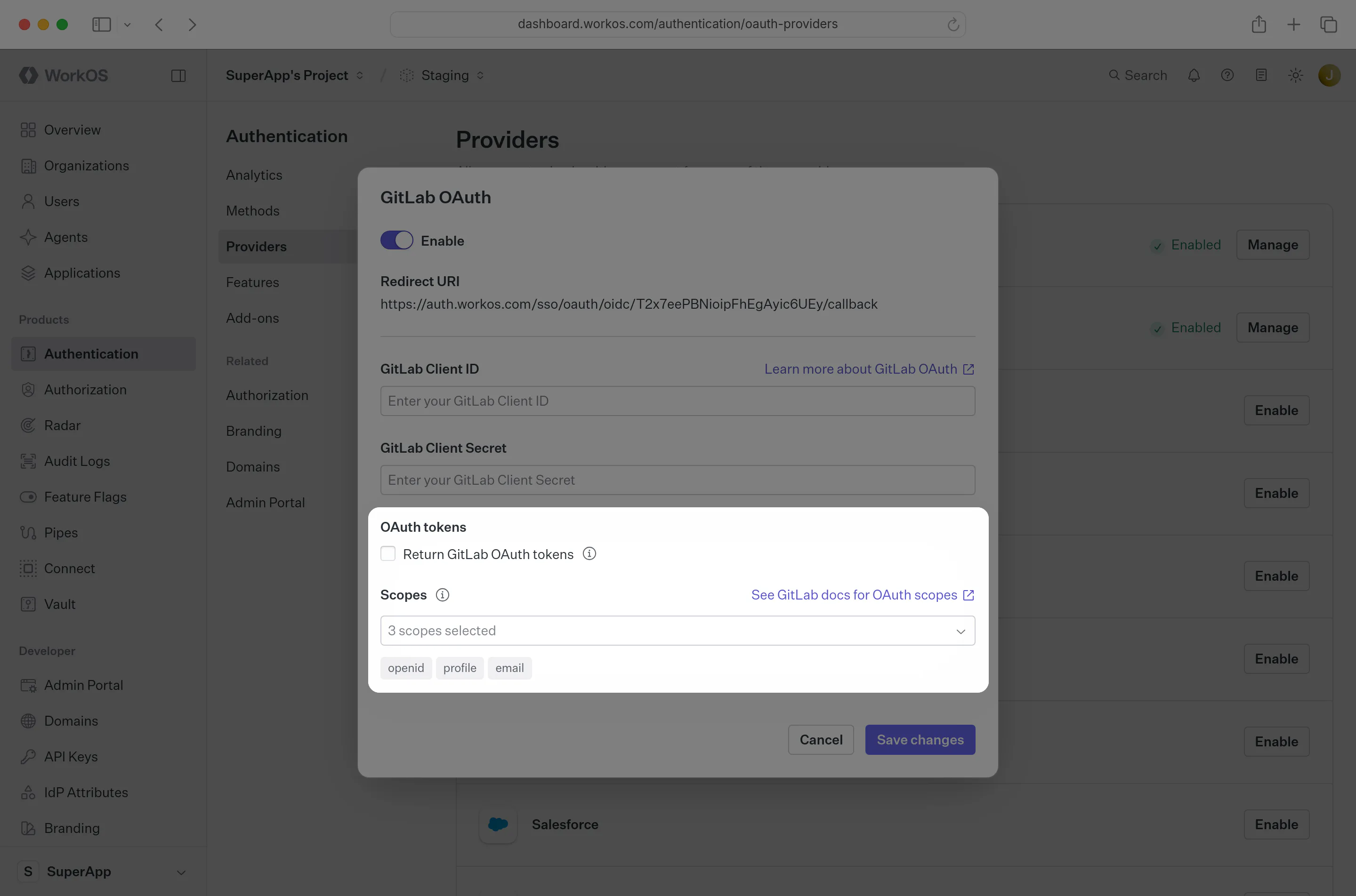 A screenshot showing GitLab OAuth scopes configuration in the WorkOS Dashboard