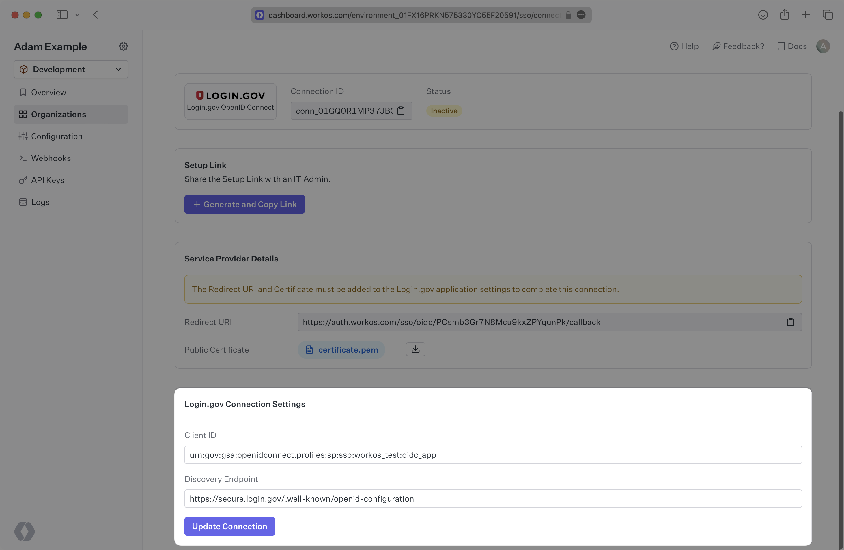 A screenshot showing where to add the Client ID and Discovery Endpoint and Update Connection within the WorkOS Dashboard.